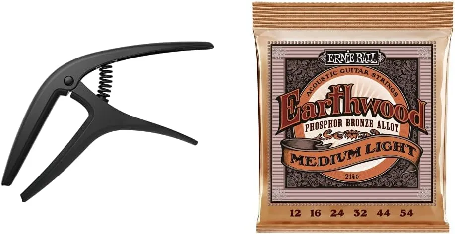 Ernie Ball Axis Dual Radius Capo, Black Satin (P09600) & Earthwood Medium Light Phosphor Bronze Acoustic Guitar Strings, 12-54 Gauge (P02146)
