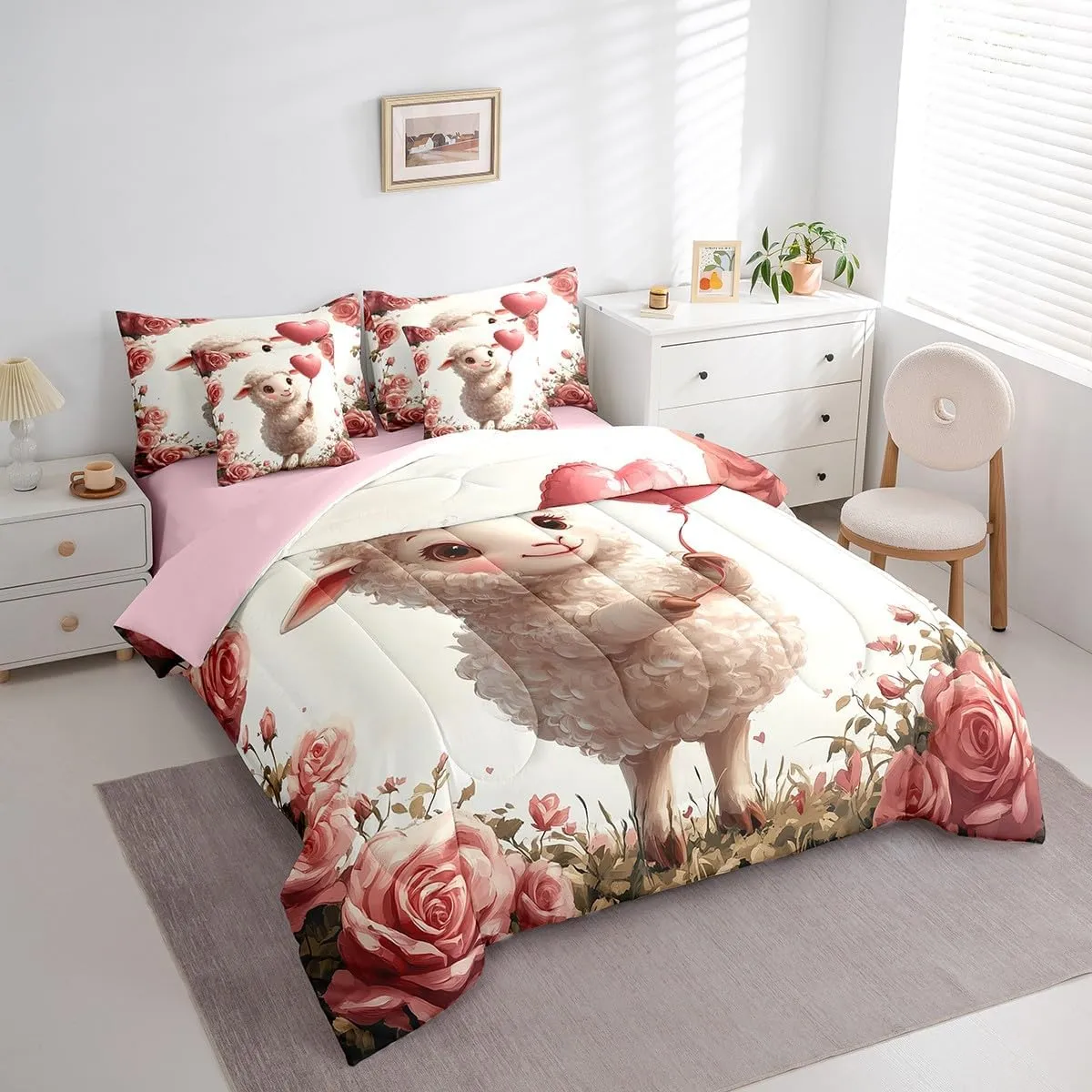 Erosebridal 7 Piece Cute Sheep Full Bedding Set,Pink Rose Floral Sheep Comforter Set with Sheets,Farmhouse Animal Print Bed Set Country Flower Bed in a Bag with Fitted Sheet,Flat Sheet