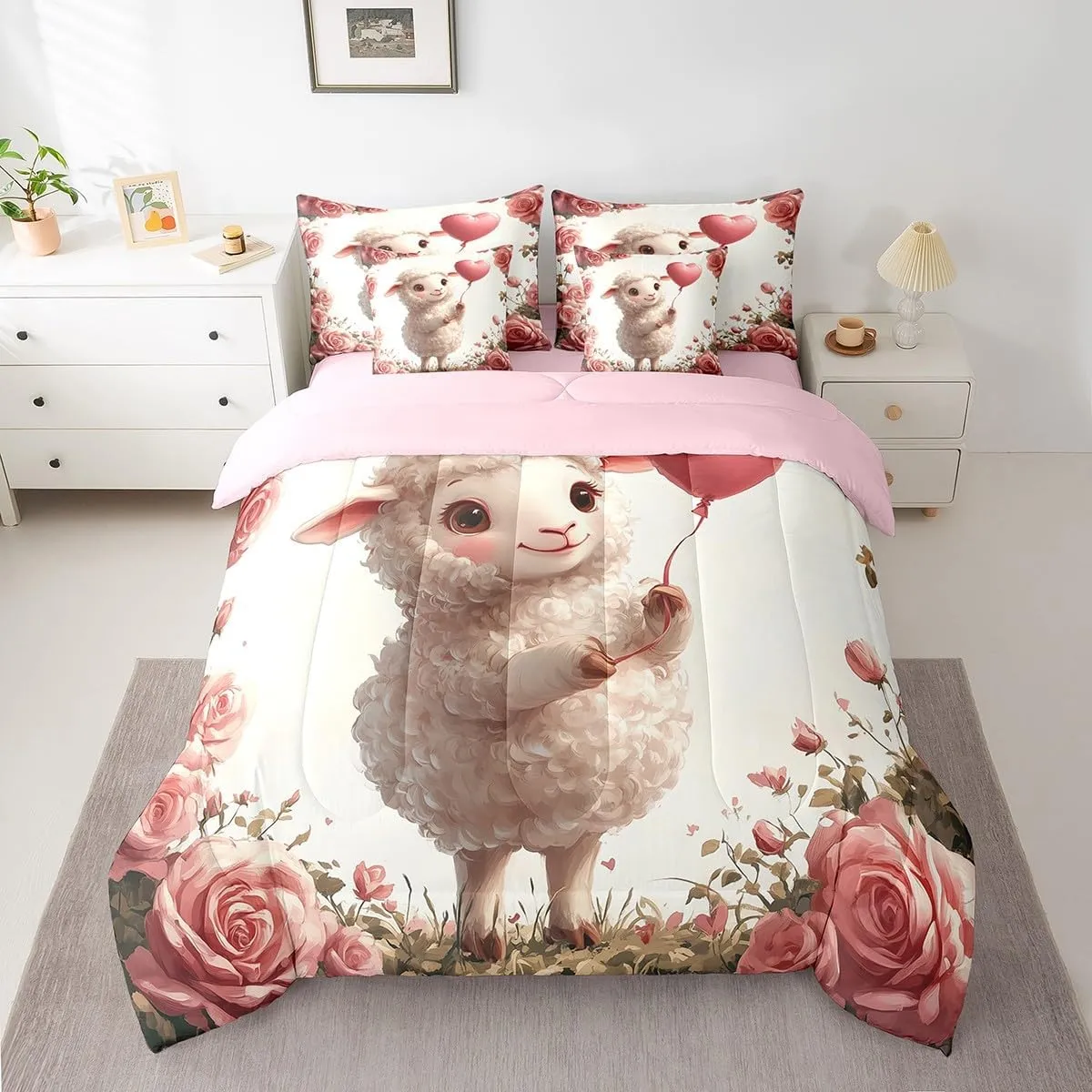 Erosebridal 7 Piece Cute Sheep Full Bedding Set,Pink Rose Floral Sheep Comforter Set with Sheets,Farmhouse Animal Print Bed Set Country Flower Bed in a Bag with Fitted Sheet,Flat Sheet