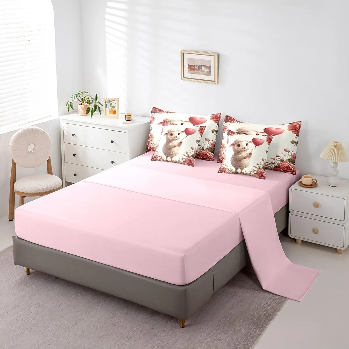 Erosebridal 7 Piece Cute Sheep Full Bedding Set,Pink Rose Floral Sheep Comforter Set with Sheets,Farmhouse Animal Print Bed Set Country Flower Bed in a Bag with Fitted Sheet,Flat Sheet