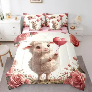 Erosebridal 7 Piece Cute Sheep Full Bedding Set,Pink Rose Floral Sheep Comforter Set with Sheets,Farmhouse Animal Print Bed Set Country Flower Bed in a Bag with Fitted Sheet,Flat Sheet