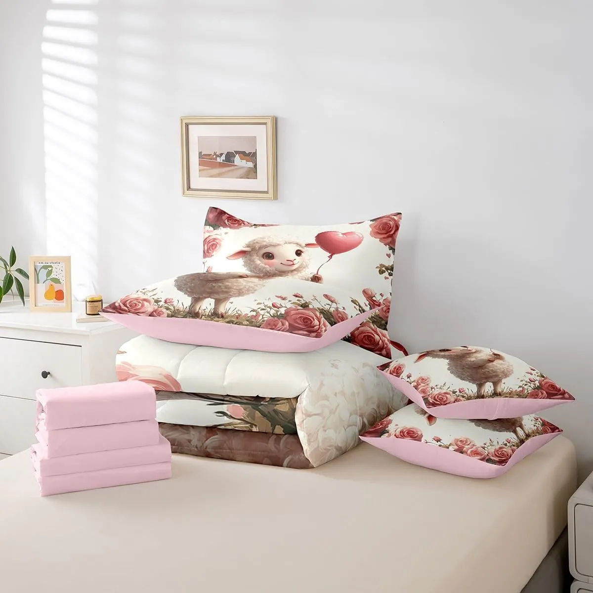 Erosebridal 7 Piece Cute Sheep Full Bedding Set,Pink Rose Floral Sheep Comforter Set with Sheets,Farmhouse Animal Print Bed Set Country Flower Bed in a Bag with Fitted Sheet,Flat Sheet