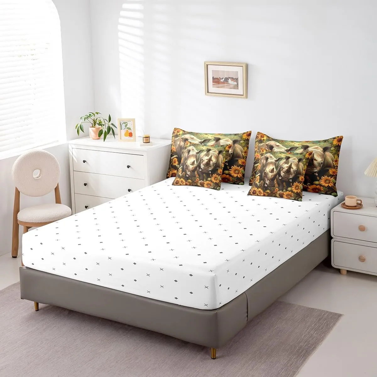 Erosebridal Sunflower Rhino Comforter Set King 7 Piece Wildlife Animal Rhinoceros Bed in a Bag,Rustic Country Decor Butterfly Flower Bedding Set with 2 Sheets,2 Pillowcases,2 Throw Pillow Covers