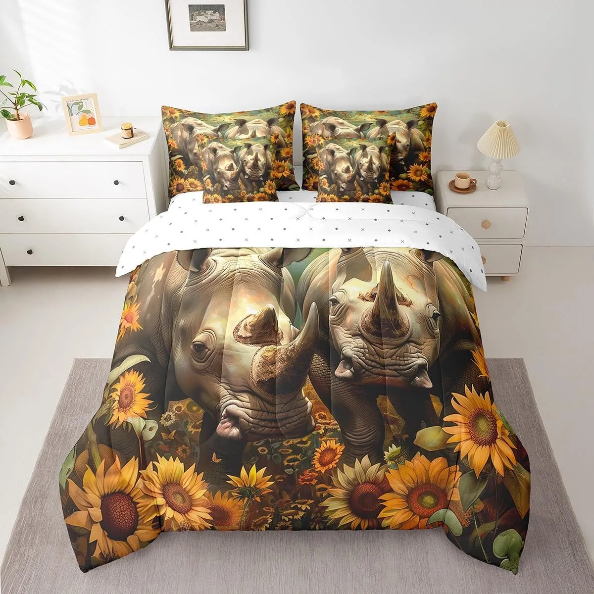Erosebridal Sunflower Rhino Comforter Set King 7 Piece Wildlife Animal Rhinoceros Bed in a Bag,Rustic Country Decor Butterfly Flower Bedding Set with 2 Sheets,2 Pillowcases,2 Throw Pillow Covers
