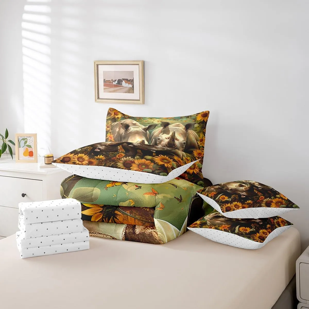 Erosebridal Sunflower Rhino Comforter Set King 7 Piece Wildlife Animal Rhinoceros Bed in a Bag,Rustic Country Decor Butterfly Flower Bedding Set with 2 Sheets,2 Pillowcases,2 Throw Pillow Covers