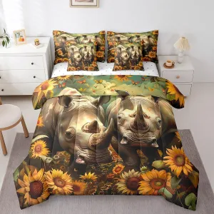 Erosebridal Sunflower Rhino Comforter Set King 7 Piece Wildlife Animal Rhinoceros Bed in a Bag,Rustic Country Decor Butterfly Flower Bedding Set with 2 Sheets,2 Pillowcases,2 Throw Pillow Covers