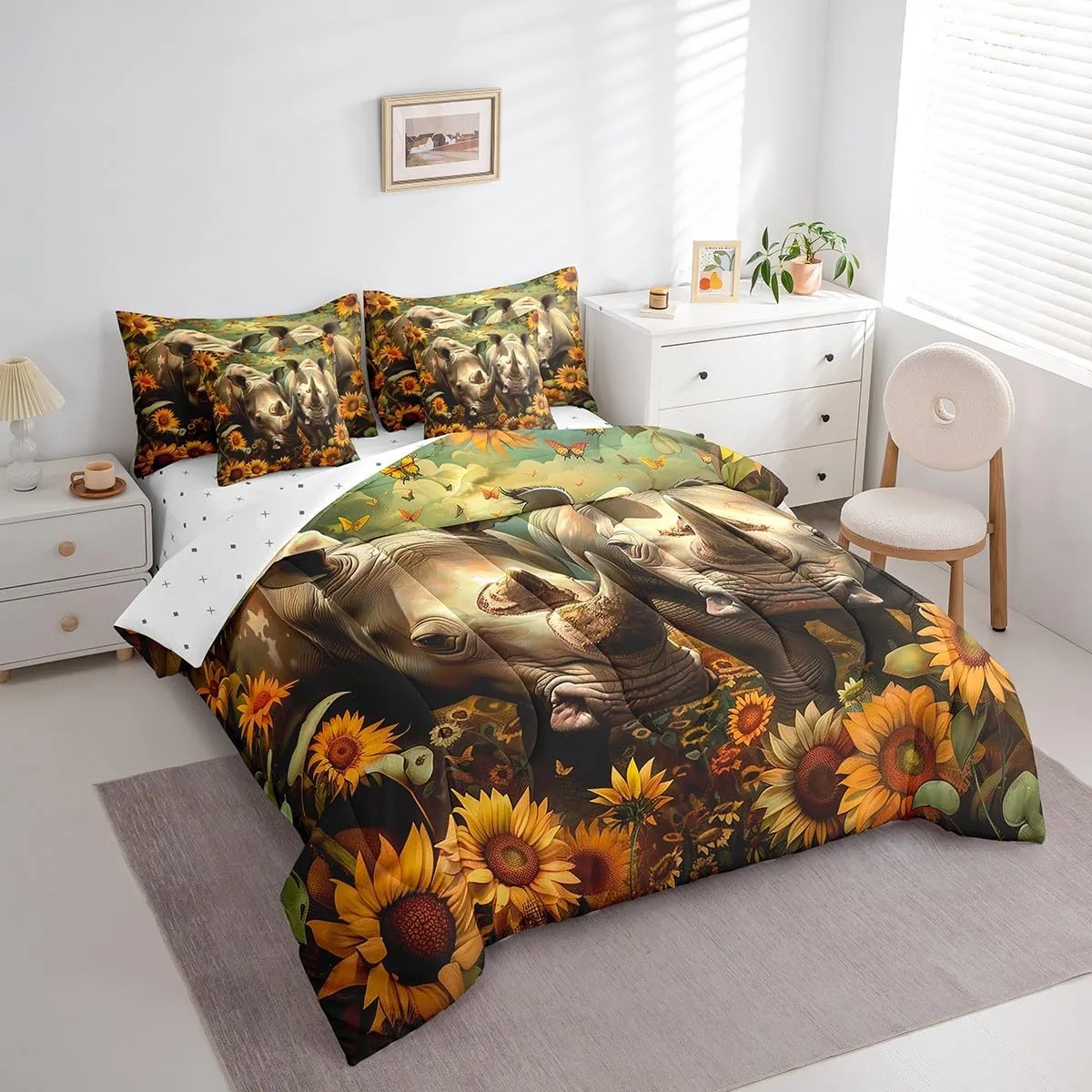 Erosebridal Sunflower Rhino Comforter Set King 7 Piece Wildlife Animal Rhinoceros Bed in a Bag,Rustic Country Decor Butterfly Flower Bedding Set with 2 Sheets,2 Pillowcases,2 Throw Pillow Covers
