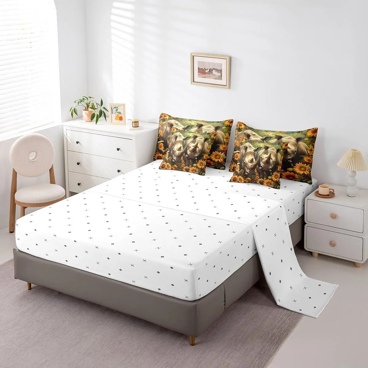 Erosebridal Sunflower Rhino Comforter Set King 7 Piece Wildlife Animal Rhinoceros Bed in a Bag,Rustic Country Decor Butterfly Flower Bedding Set with 2 Sheets,2 Pillowcases,2 Throw Pillow Covers