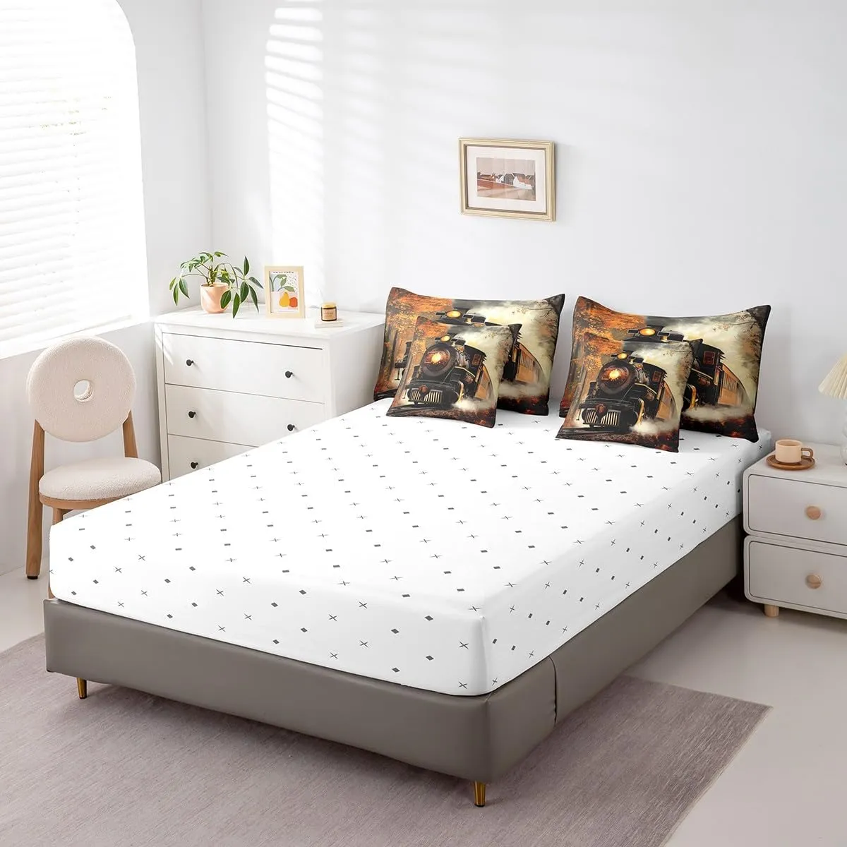 Erosebridal Train Bedding Set Retro Steam Engine Twin Comforter Set 7 Piece Railway Track Transport Bed in A Bag with Sheets for Kids Boys Teen Men,Autumn Fallen Leaves Bed Set