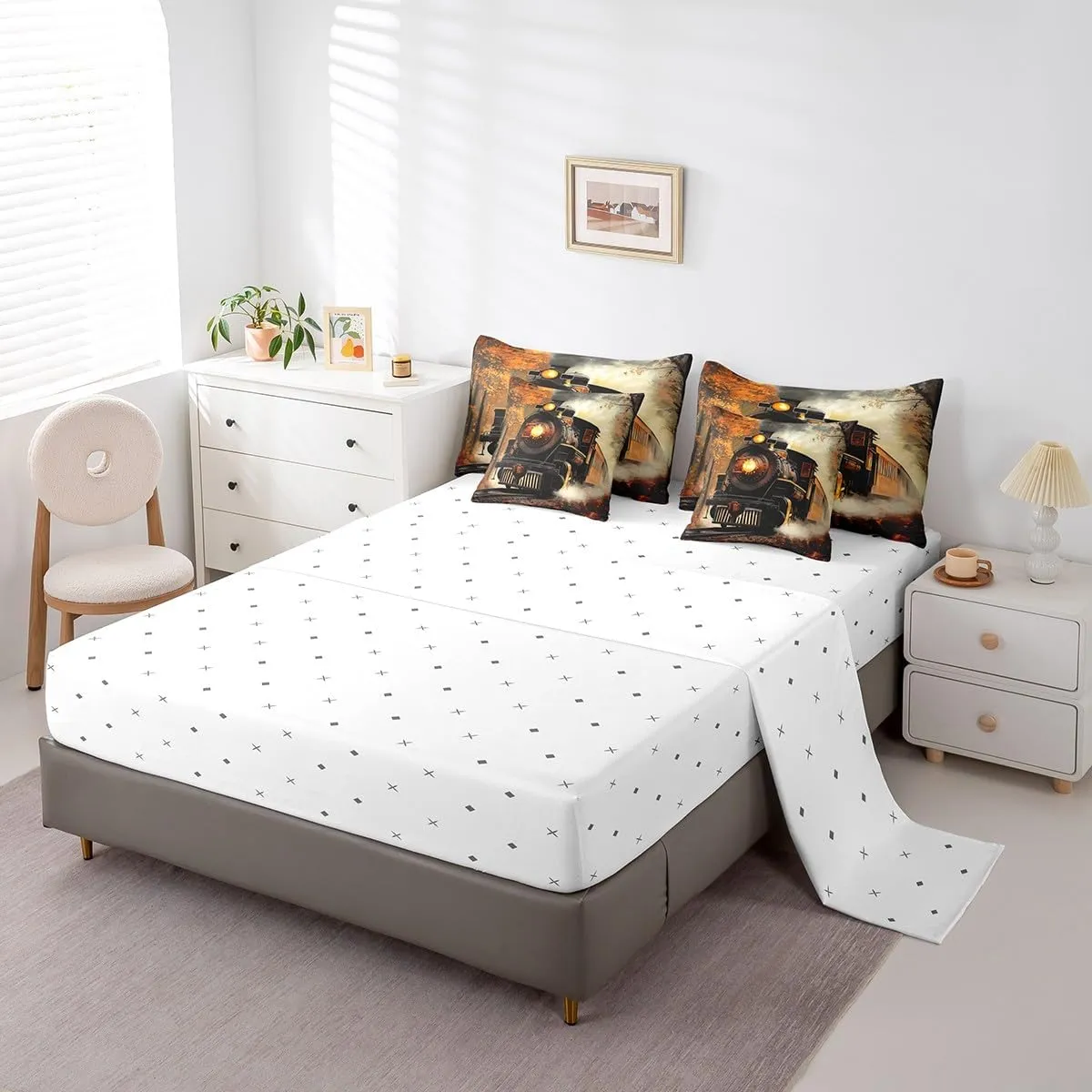 Erosebridal Train Bedding Set Retro Steam Engine Twin Comforter Set 7 Piece Railway Track Transport Bed in A Bag with Sheets for Kids Boys Teen Men,Autumn Fallen Leaves Bed Set