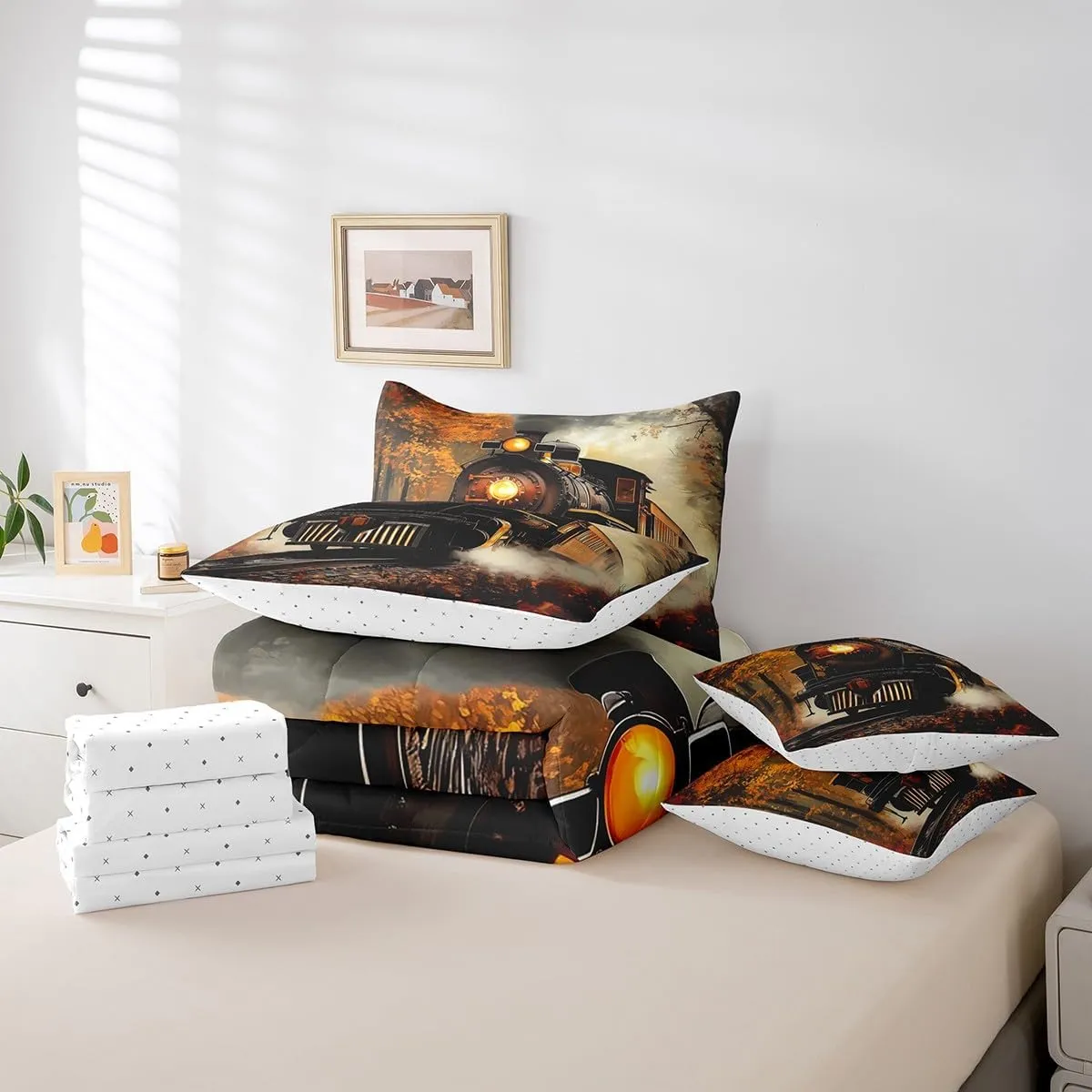 Erosebridal Train Bedding Set Retro Steam Engine Twin Comforter Set 7 Piece Railway Track Transport Bed in A Bag with Sheets for Kids Boys Teen Men,Autumn Fallen Leaves Bed Set