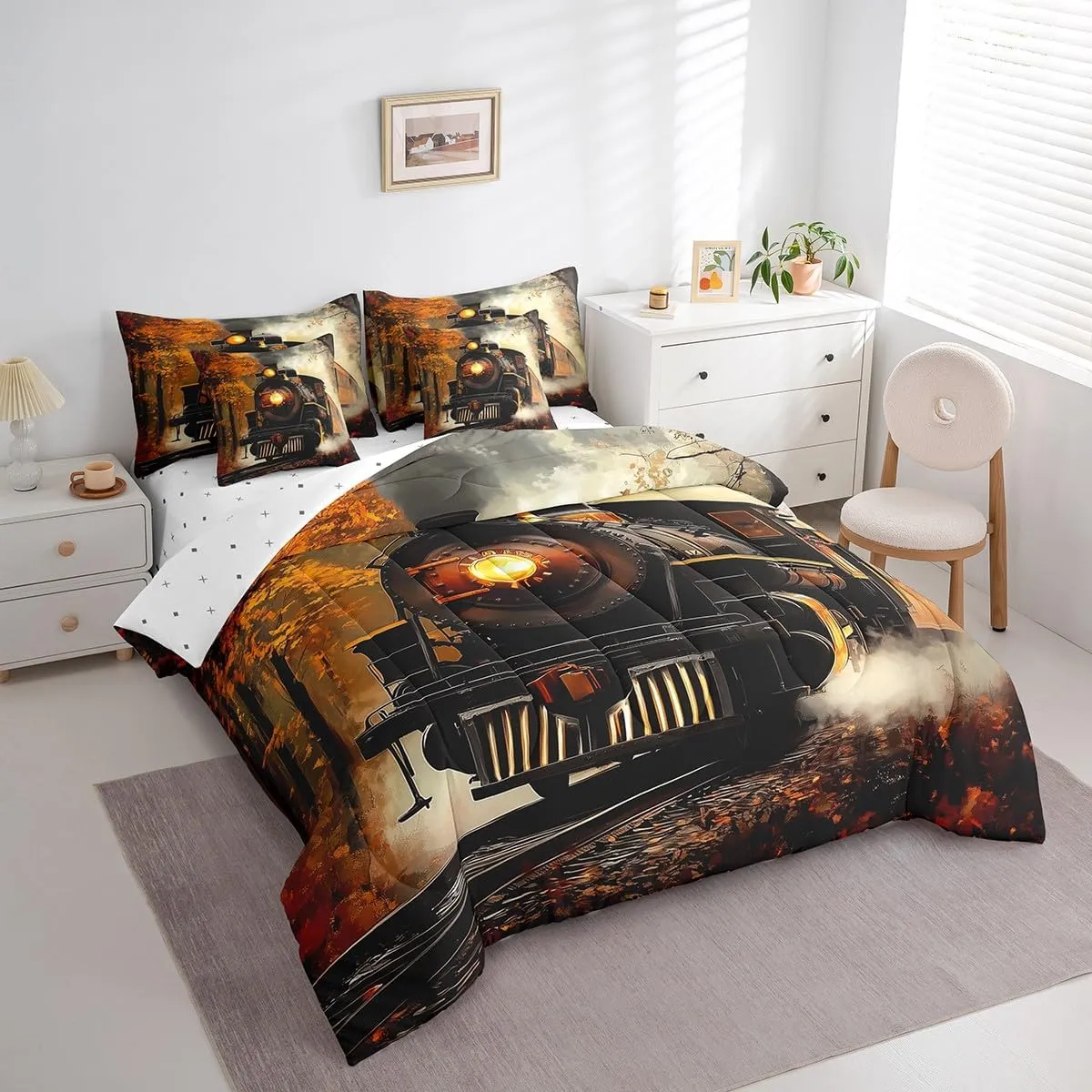 Erosebridal Train Bedding Set Retro Steam Engine Twin Comforter Set 7 Piece Railway Track Transport Bed in A Bag with Sheets for Kids Boys Teen Men,Autumn Fallen Leaves Bed Set
