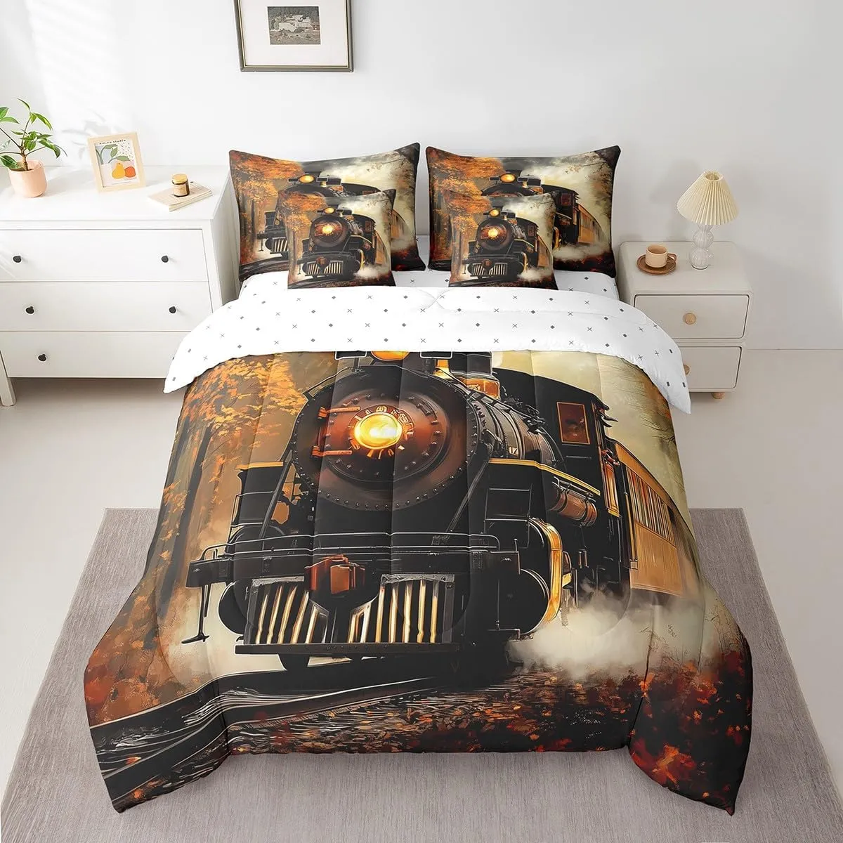Erosebridal Train Bedding Set Retro Steam Engine Twin Comforter Set 7 Piece Railway Track Transport Bed in A Bag with Sheets for Kids Boys Teen Men,Autumn Fallen Leaves Bed Set