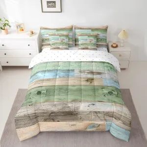 Erosebridal Western Farmhouse Twin Comforter Set 7 Piece,Green Blue Brown Bed in A Bag with Sheet Set for Kids Adults Rustic Wooden Barn Door Bedding Set Vintage Countryside Wood Plank Bed Set