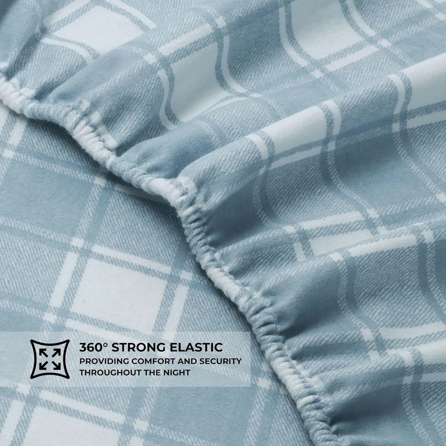 Featherhead™ 100% Cotton 4PCs Flannel Sheet Set, Queen Size, Blue Plaid | Double-Brushed for Extra Softness, Warm & Breathable, Extra Deep Pockets fits Up to 17” – 1 Flat, 1 Fitted, 2 Pillowcase