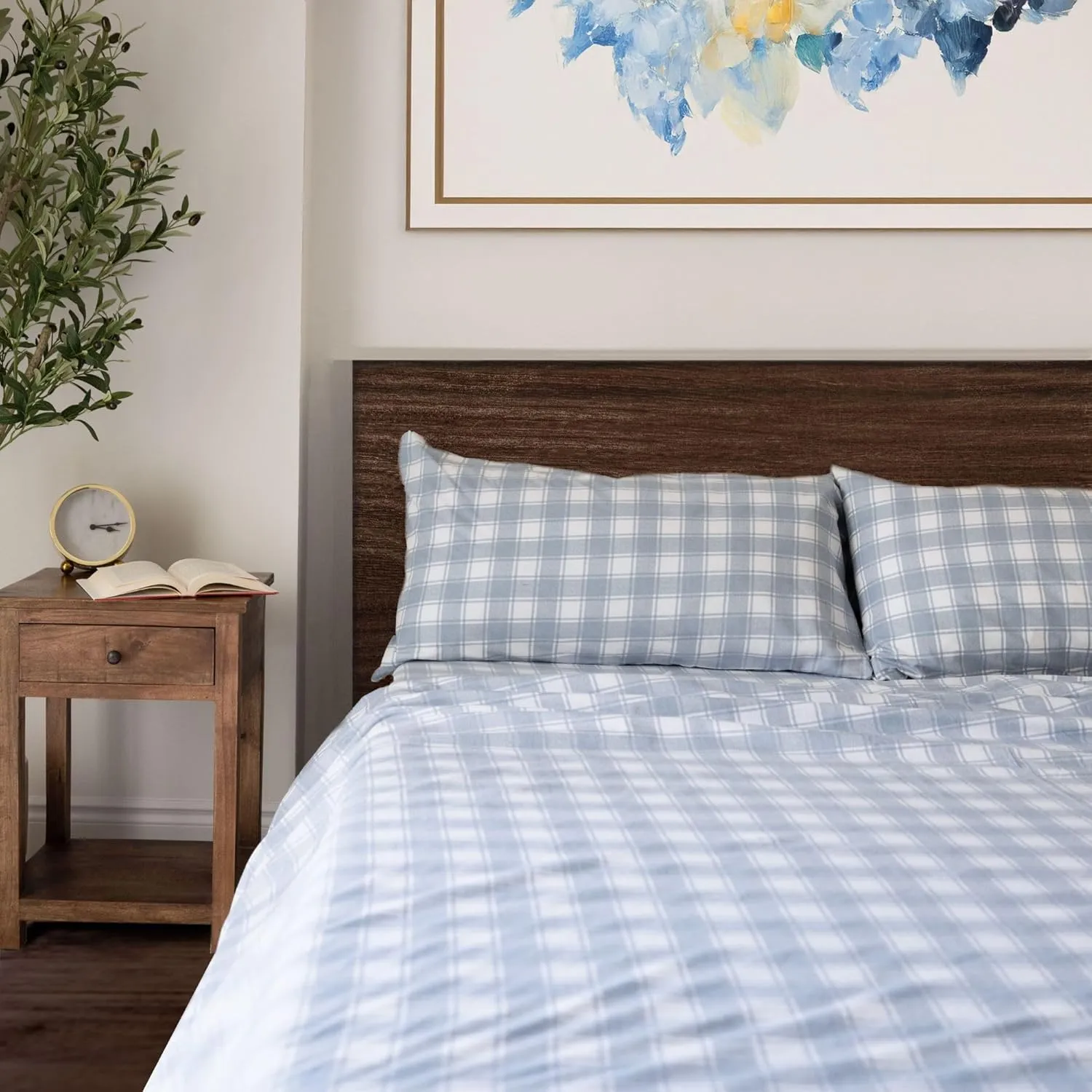 Featherhead™ 100% Cotton 4PCs Flannel Sheet Set, Queen Size, Blue Plaid | Double-Brushed for Extra Softness, Warm & Breathable, Extra Deep Pockets fits Up to 17” – 1 Flat, 1 Fitted, 2 Pillowcase