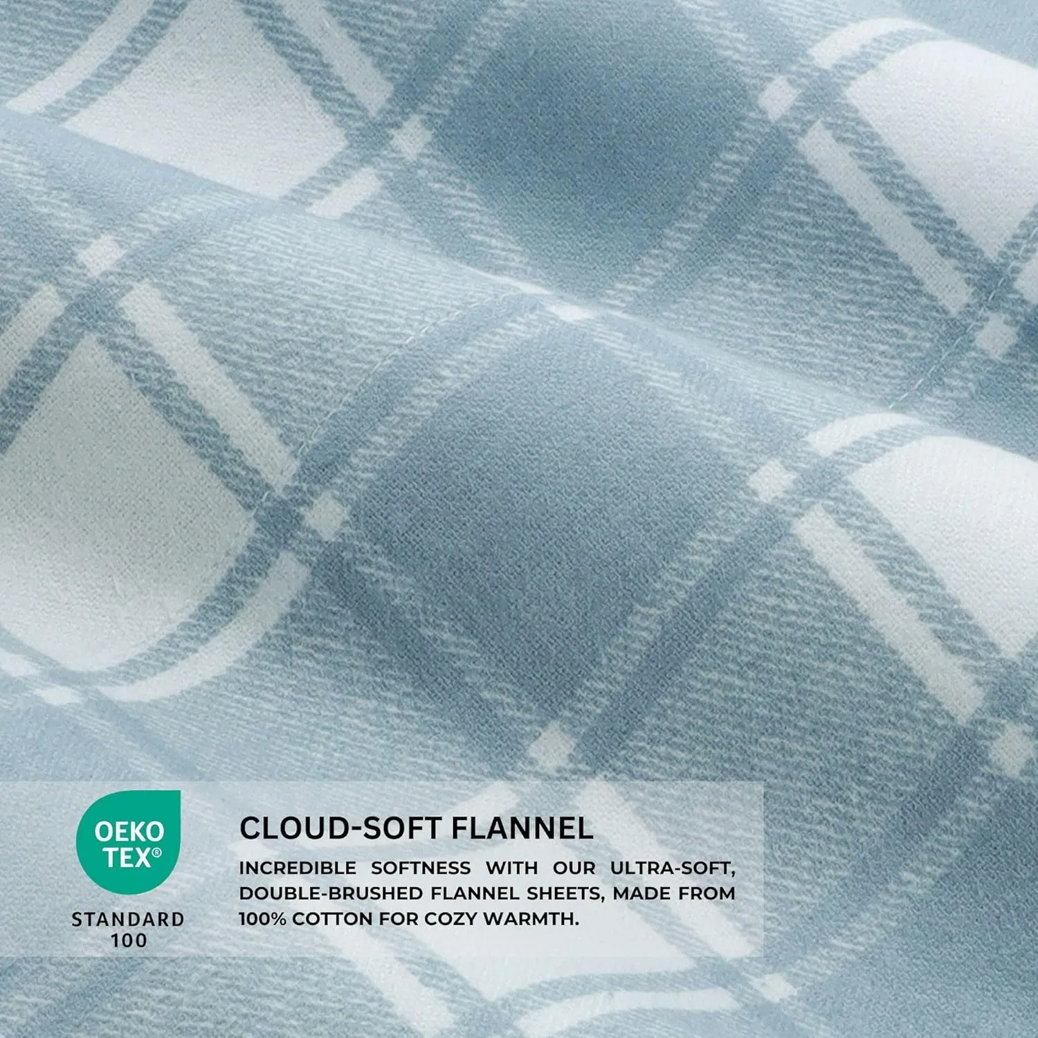 Featherhead™ 100% Cotton 4PCs Flannel Sheet Set, Queen Size, Blue Plaid | Double-Brushed for Extra Softness, Warm & Breathable, Extra Deep Pockets fits Up to 17” – 1 Flat, 1 Fitted, 2 Pillowcase