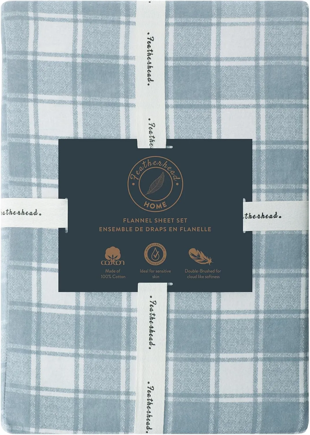 Featherhead™ 100% Cotton 4PCs Flannel Sheet Set, Queen Size, Blue Plaid | Double-Brushed for Extra Softness, Warm & Breathable, Extra Deep Pockets fits Up to 17” – 1 Flat, 1 Fitted, 2 Pillowcase