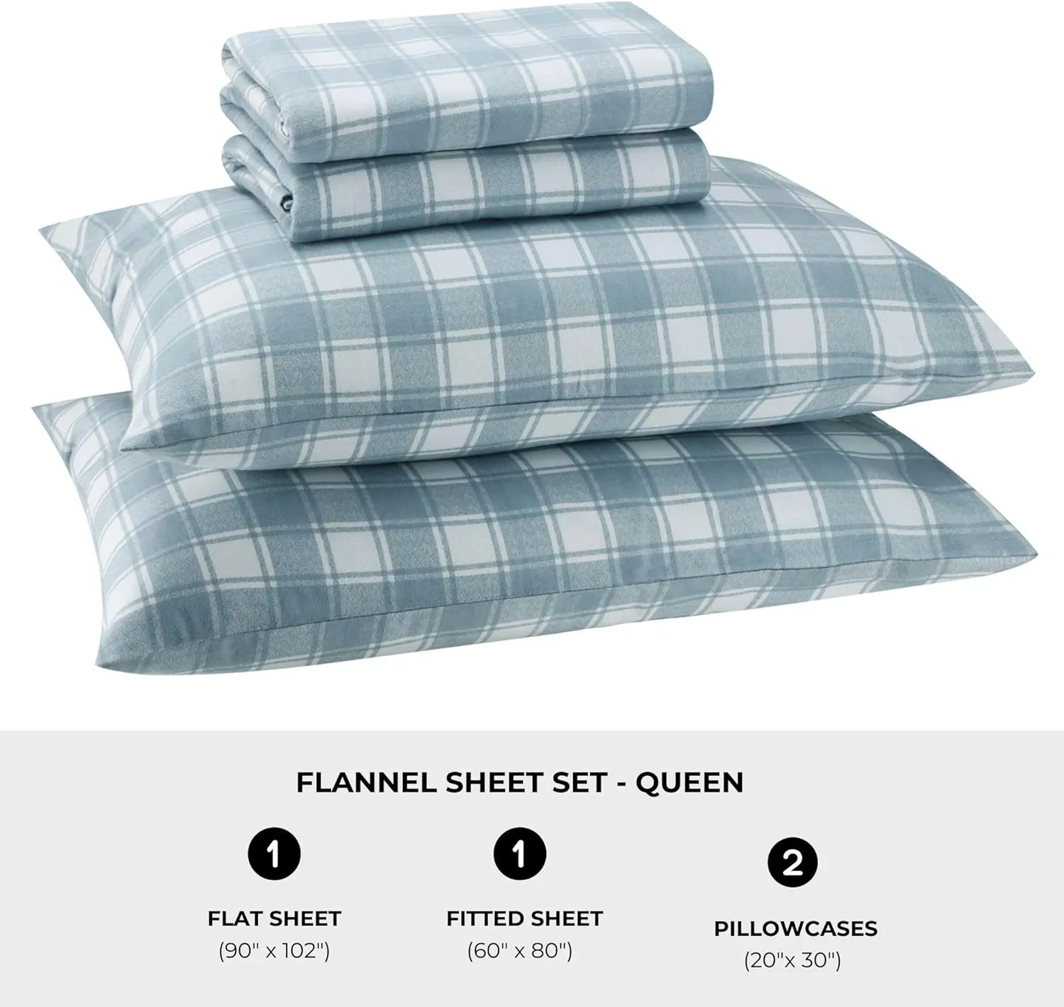 Featherhead™ 100% Cotton 4PCs Flannel Sheet Set, Queen Size, Blue Plaid | Double-Brushed for Extra Softness, Warm & Breathable, Extra Deep Pockets fits Up to 17” – 1 Flat, 1 Fitted, 2 Pillowcase
