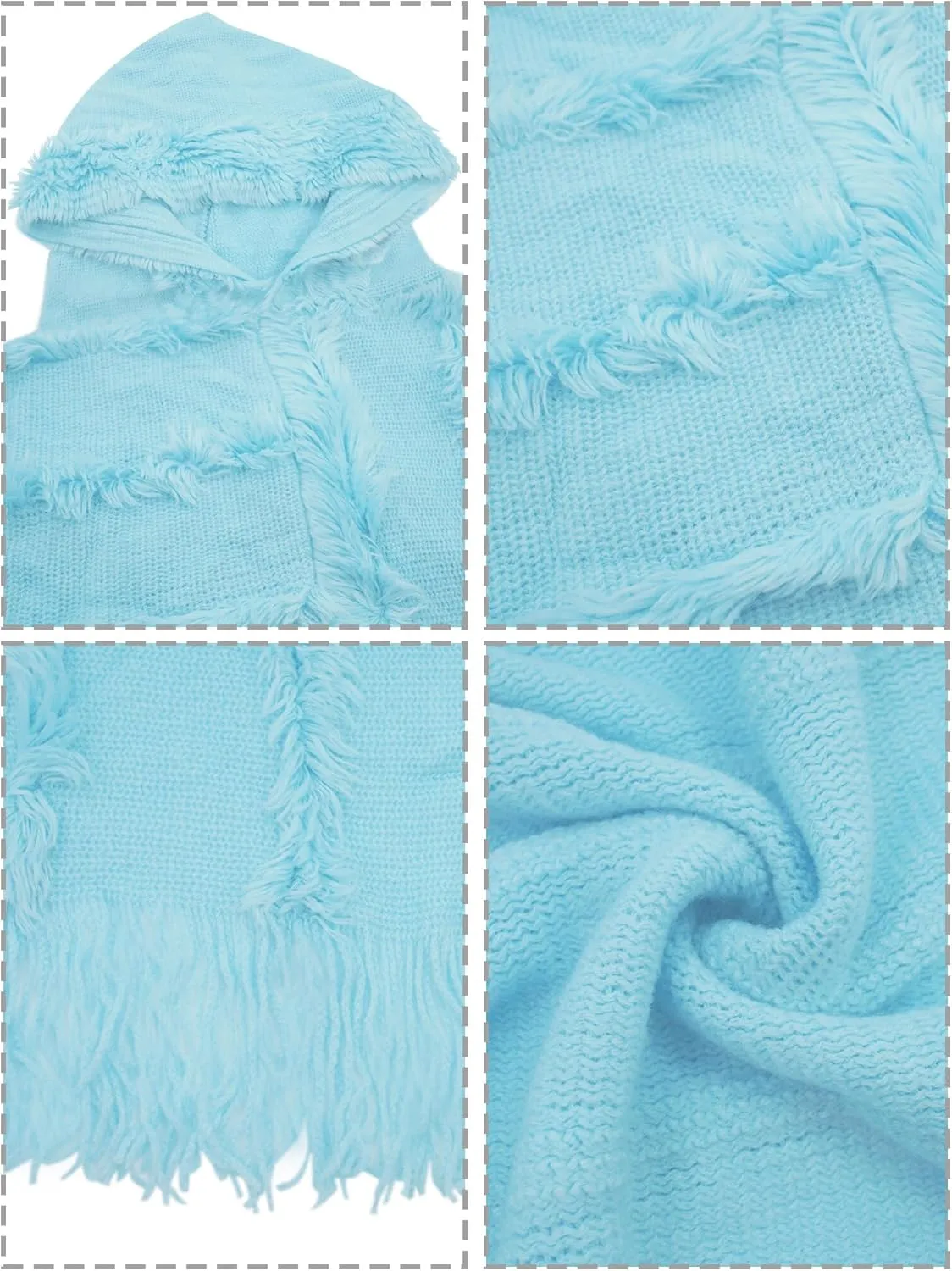 FEOYA Women's Casual Hooded Sweater Pullover with Fringe Batwing Shawls Wraps Crochet Pattern Knitted Poncho
