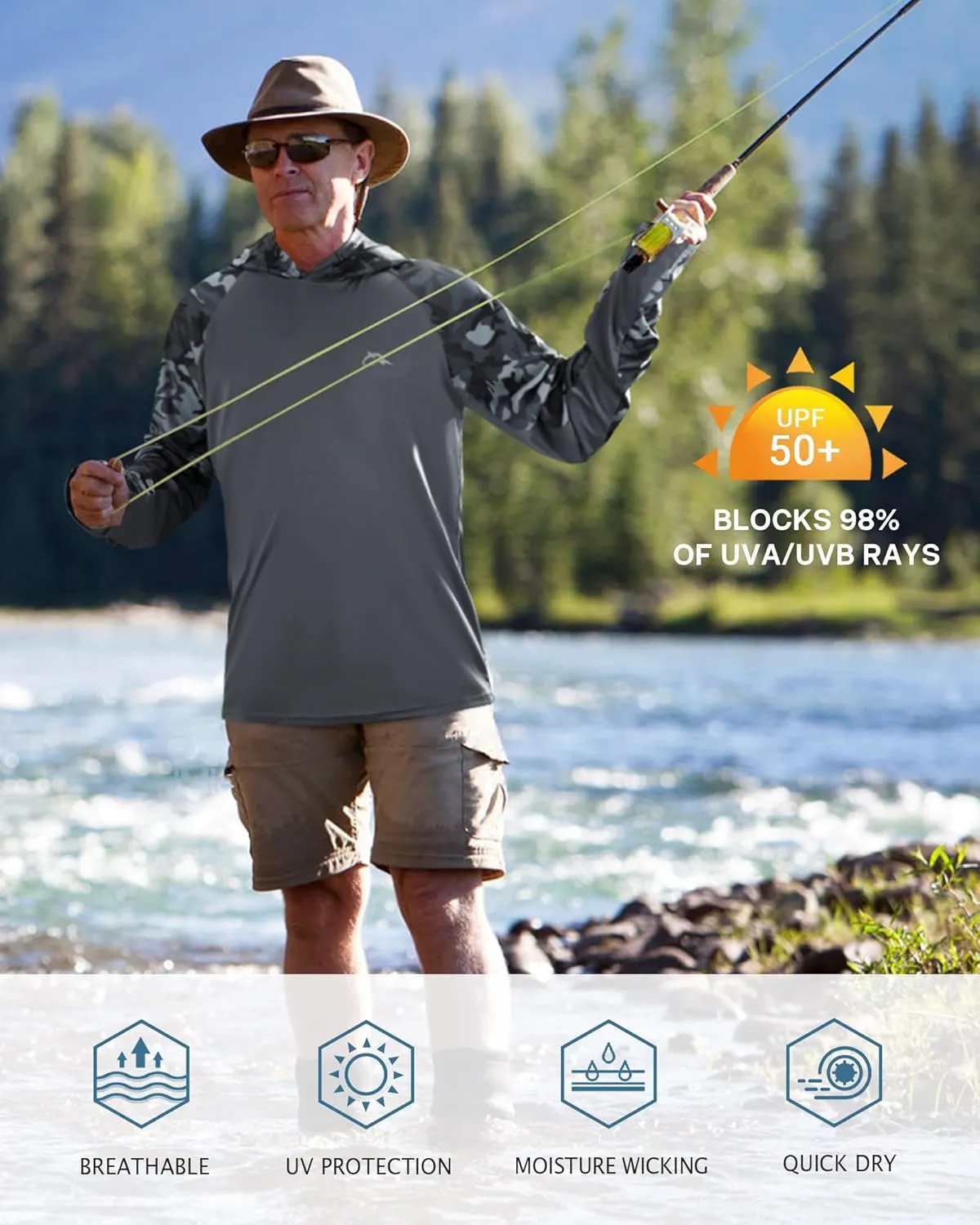FISHEAL Men's Performance Fishing Hoodie Shirt with Thumbholes - UPF 50 Sun Protection Camo Long Sleeve Shirts Quick-Dry