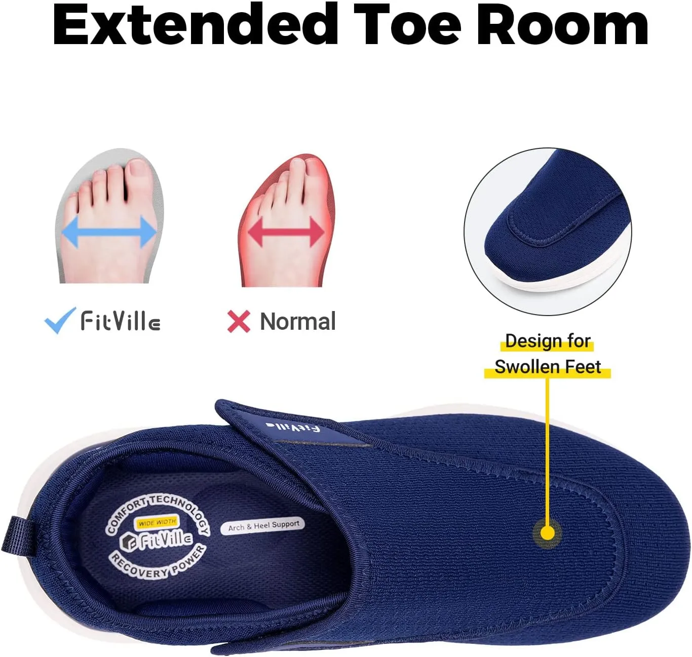 FitVille Diabetic Shoes for Men Extra Wide Slip-on Shoes for Swollen Feet Adjustable Walking Shoes for Elderly Foot Pain Relief Neuropathy - EasyTop Wings