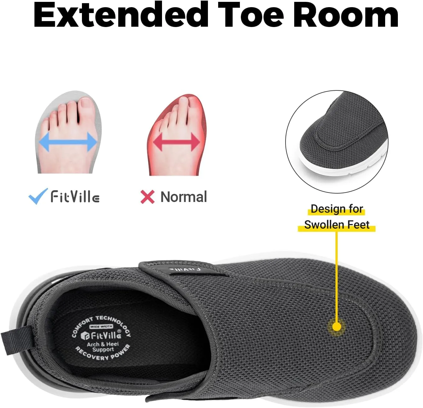 FitVille Diabetic Shoes for Men Extra Wide Slip-on Shoes for Swollen Feet Adjustable Walking Shoes for Elderly Foot Pain Relief Neuropathy - EasyTop Wings