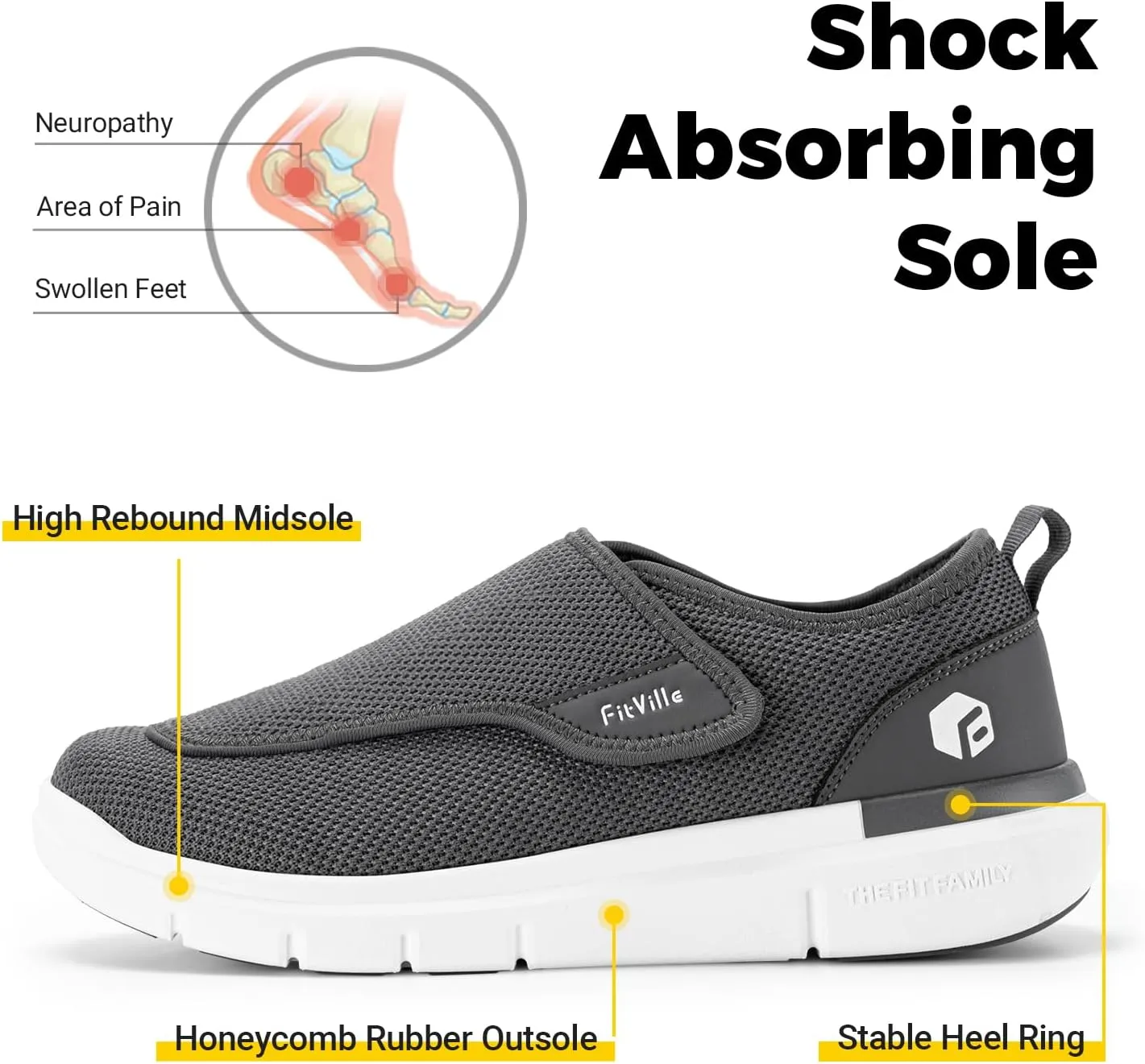 FitVille Diabetic Shoes for Men Extra Wide Slip-on Shoes for Swollen Feet Adjustable Walking Shoes for Elderly Foot Pain Relief Neuropathy - EasyTop Wings
