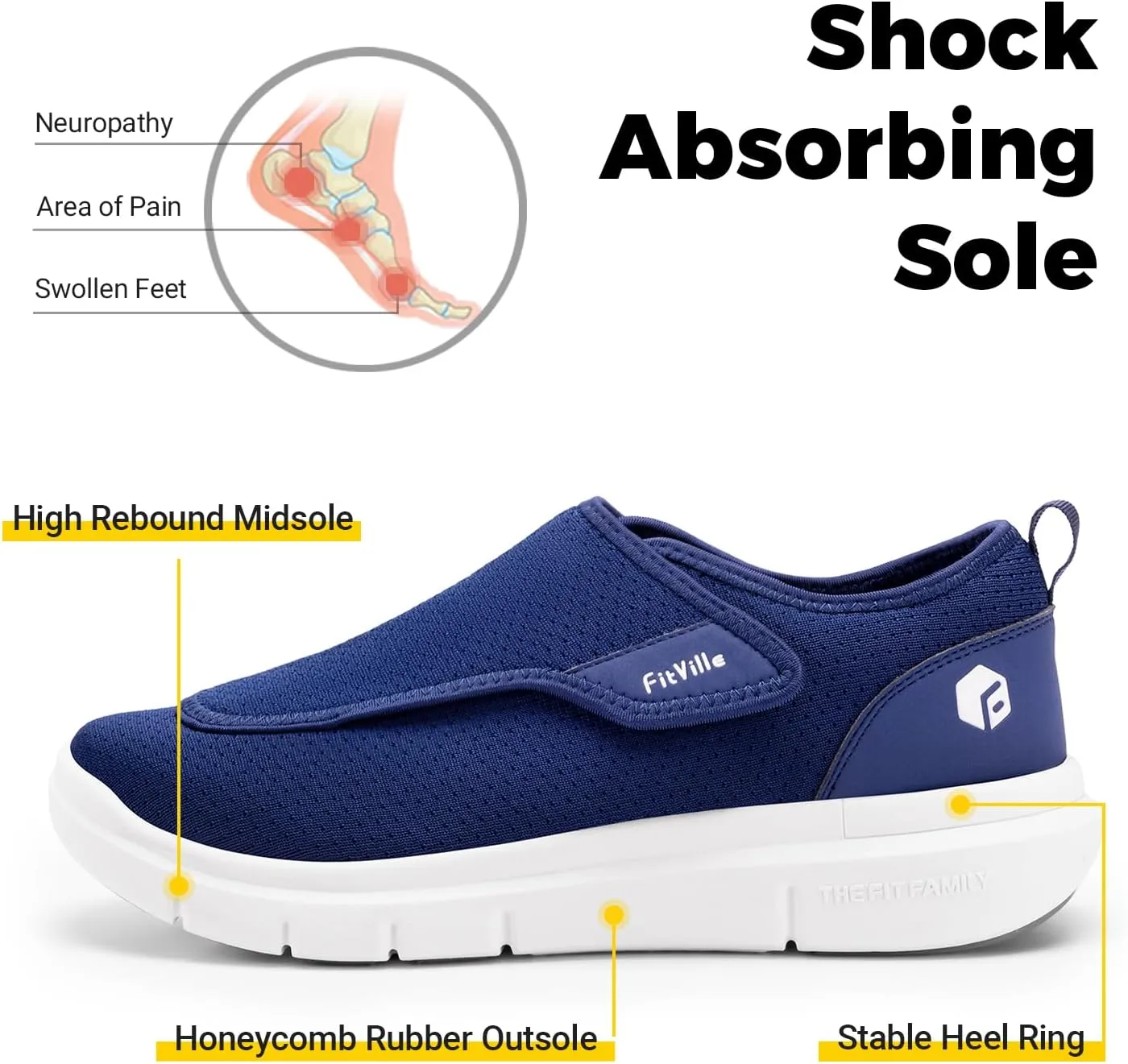 FitVille Diabetic Shoes for Men Extra Wide Slip-on Shoes for Swollen Feet Adjustable Walking Shoes for Elderly Foot Pain Relief Neuropathy - EasyTop Wings