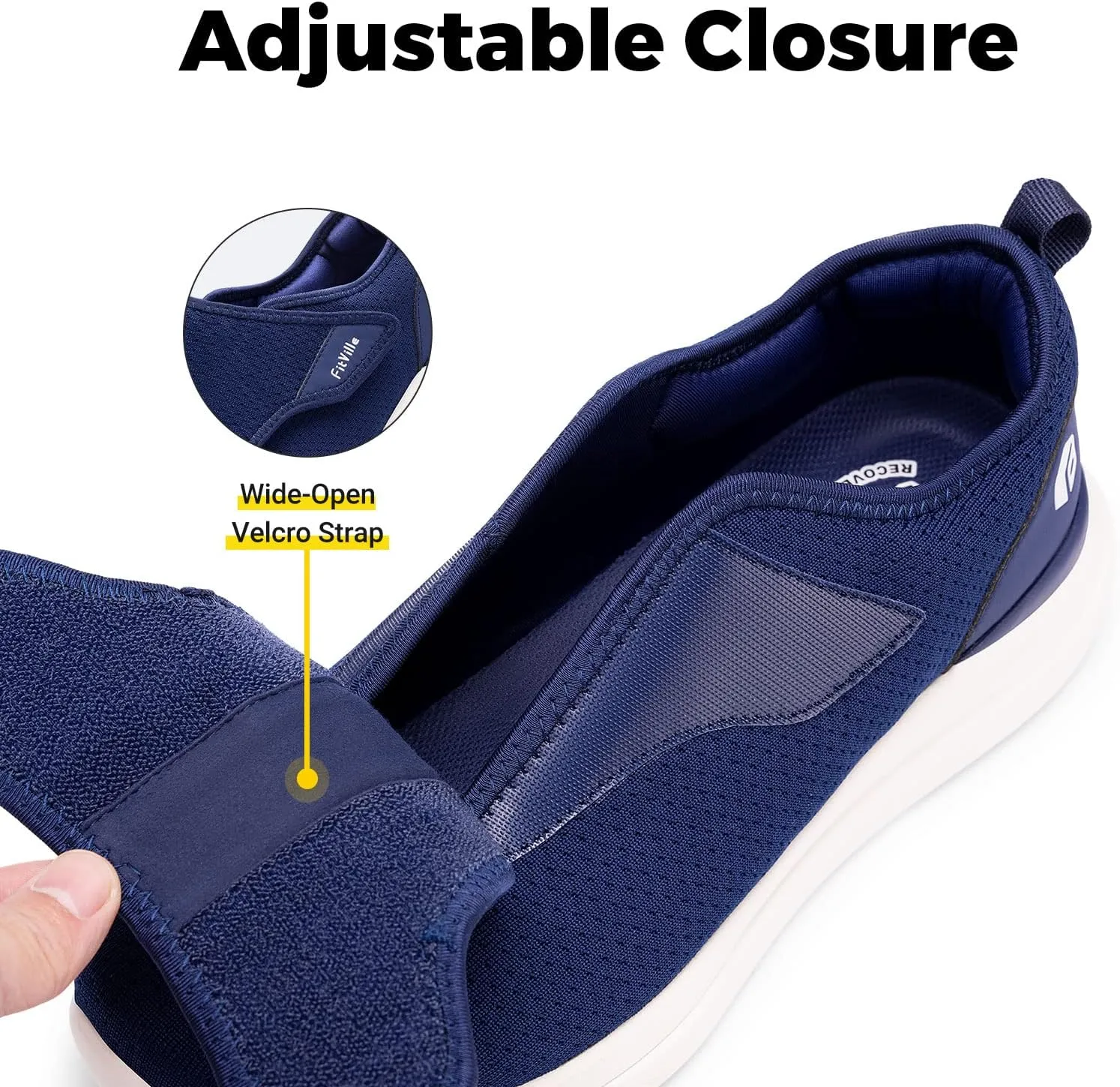 FitVille Diabetic Shoes for Men Extra Wide Slip-on Shoes for Swollen Feet Adjustable Walking Shoes for Elderly Foot Pain Relief Neuropathy - EasyTop Wings