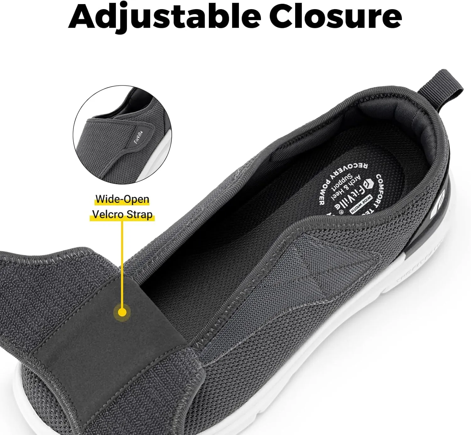 FitVille Diabetic Shoes for Men Extra Wide Slip-on Shoes for Swollen Feet Adjustable Walking Shoes for Elderly Foot Pain Relief Neuropathy - EasyTop Wings