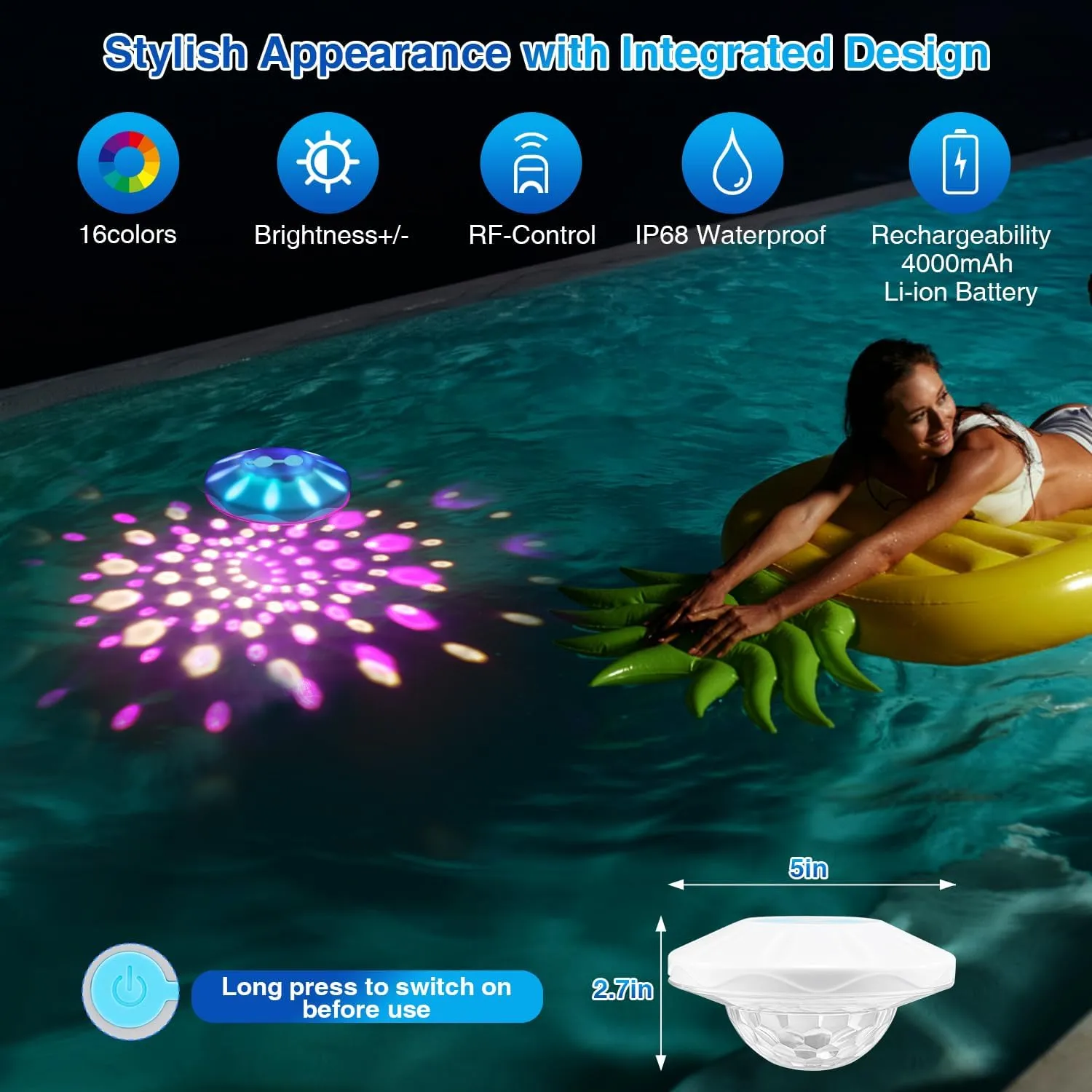 Floating Pool Lights, RGB Upper and Lower Color Changing Pool Lights for Inground Pools with 6 Dynamic Lighting Effects, Rechargeable IP68 Waterproof Pool Lights that Float for Hot Tubs 4 PACK