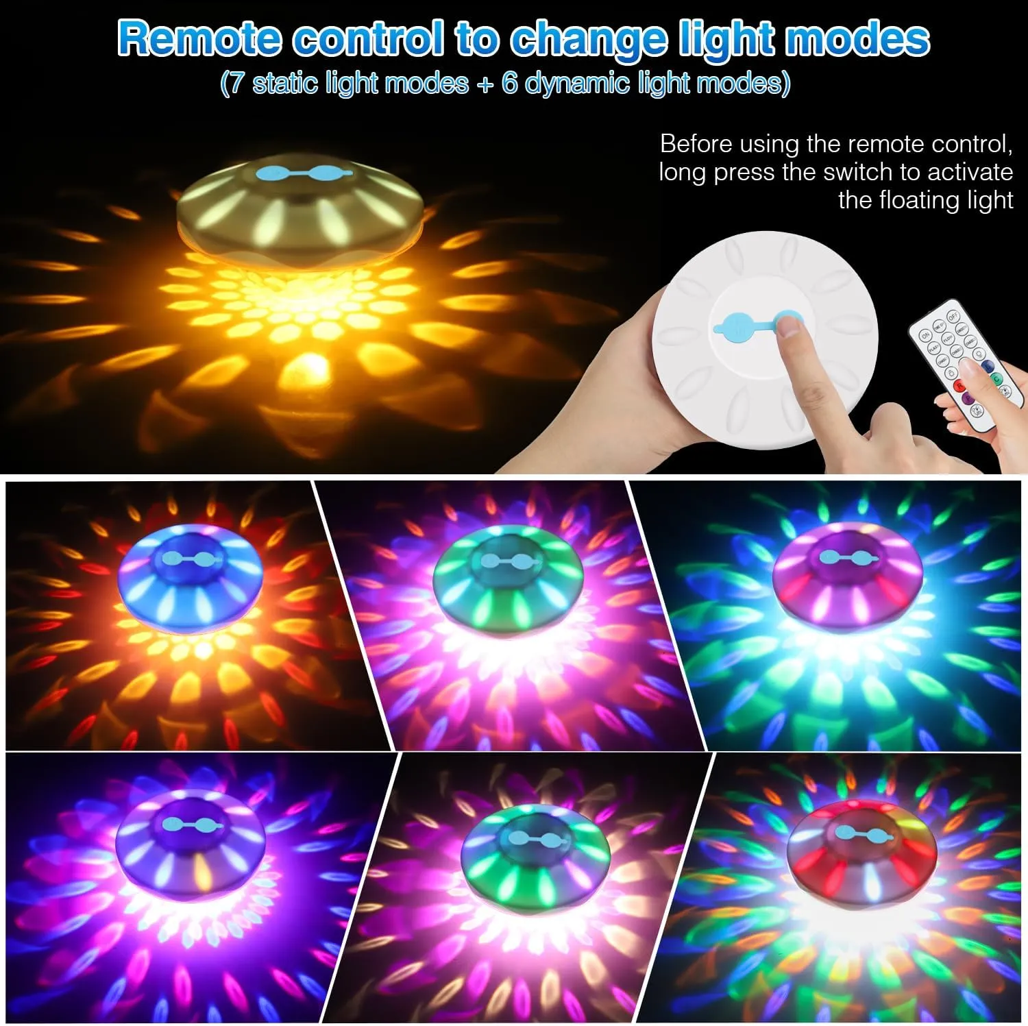 Floating Pool Lights, RGB Upper and Lower Color Changing Pool Lights for Inground Pools with 6 Dynamic Lighting Effects, Rechargeable IP68 Waterproof Pool Lights that Float for Hot Tubs 4 PACK