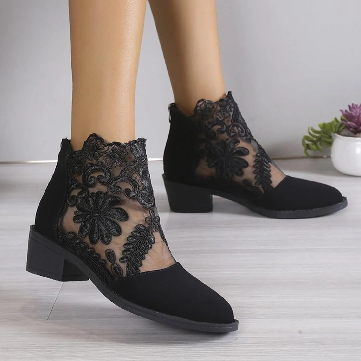 Floral Lace Block Heels Ankle Boots for Women Summer Sandal Booties Hollow Floral Mesh High Heel Sandals Zipper Sandals