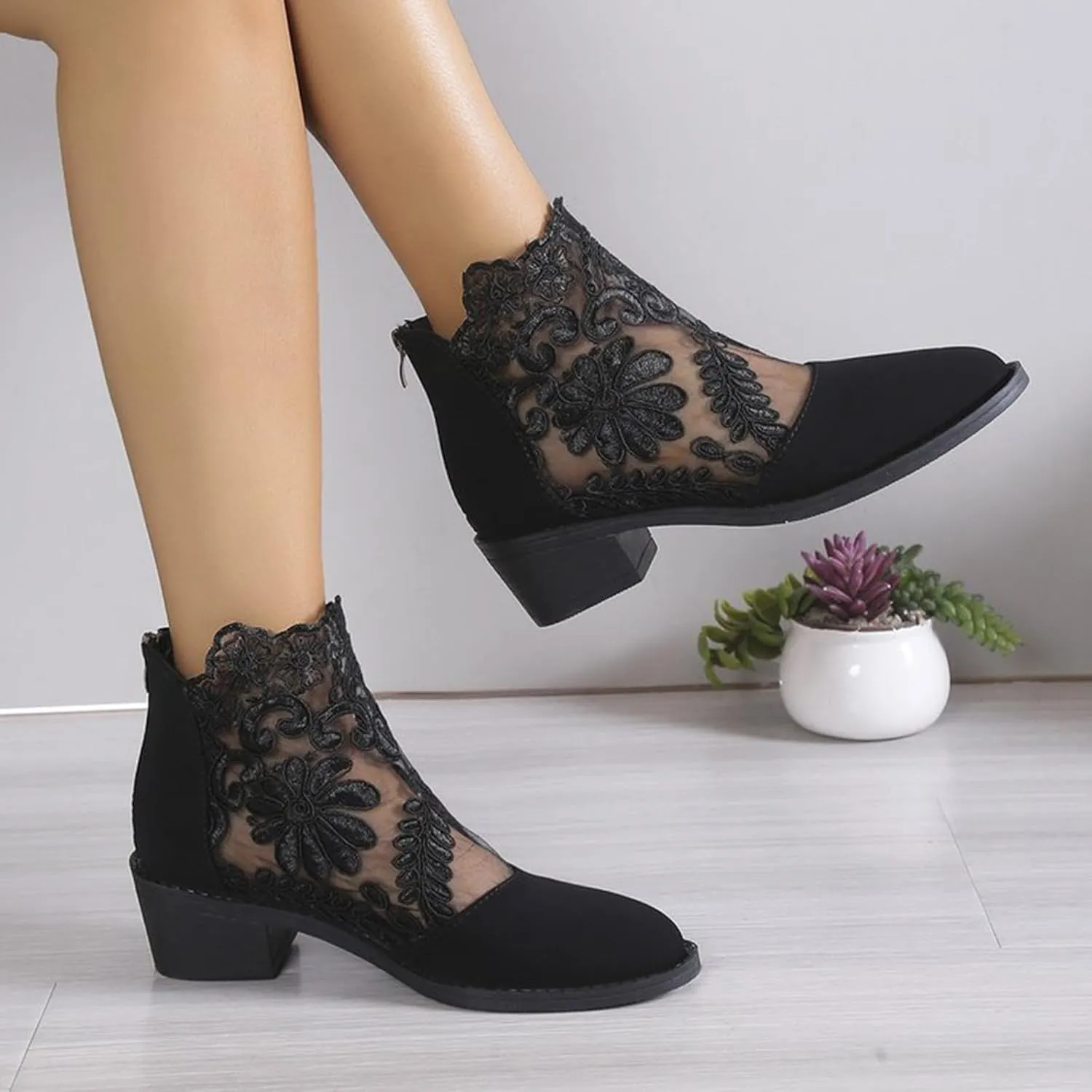 Floral Lace Block Heels Ankle Boots for Women Summer Sandal Booties Hollow Floral Mesh High Heel Sandals Zipper Sandals
