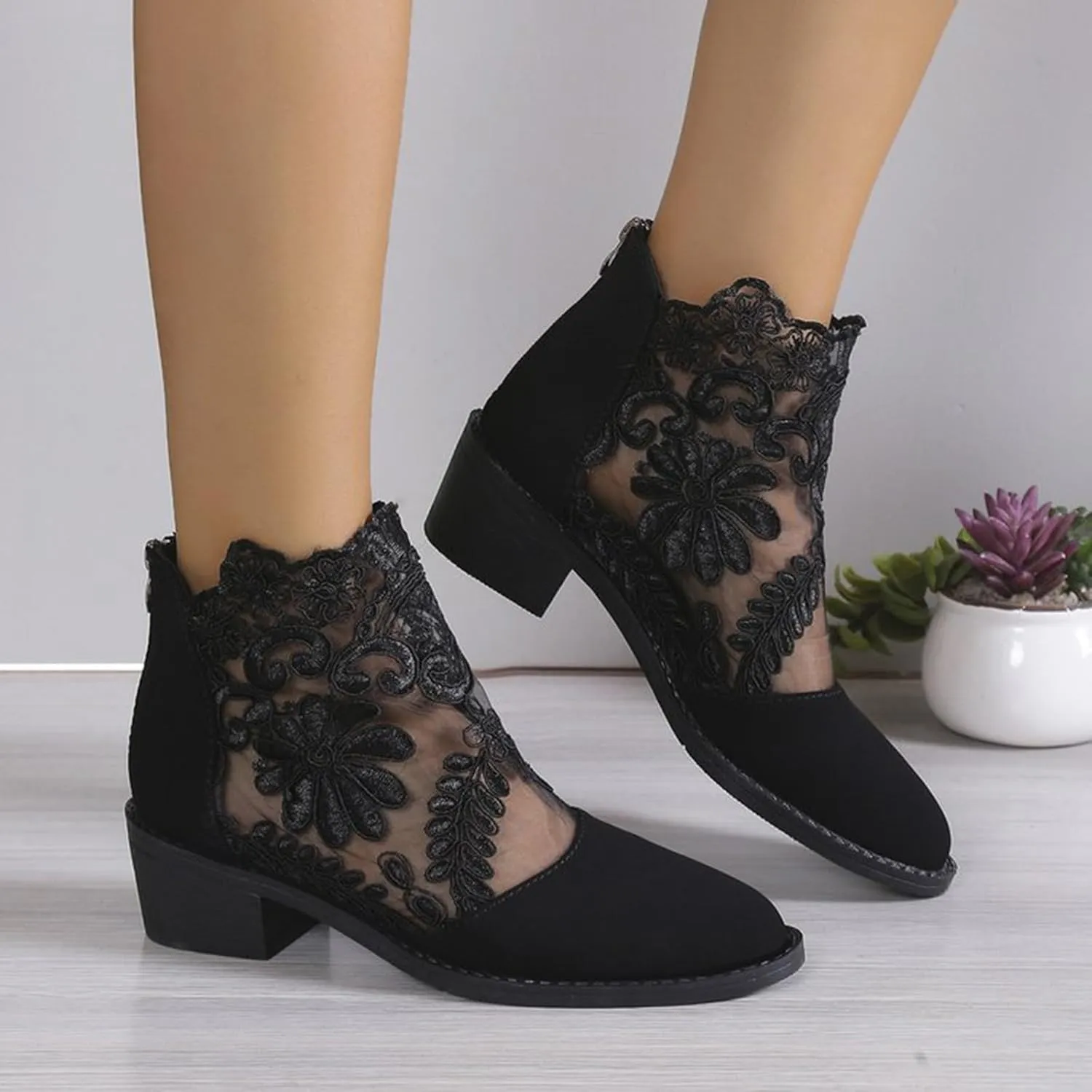 Floral Lace Block Heels Ankle Boots for Women Summer Sandal Booties Hollow Floral Mesh High Heel Sandals Zipper Sandals