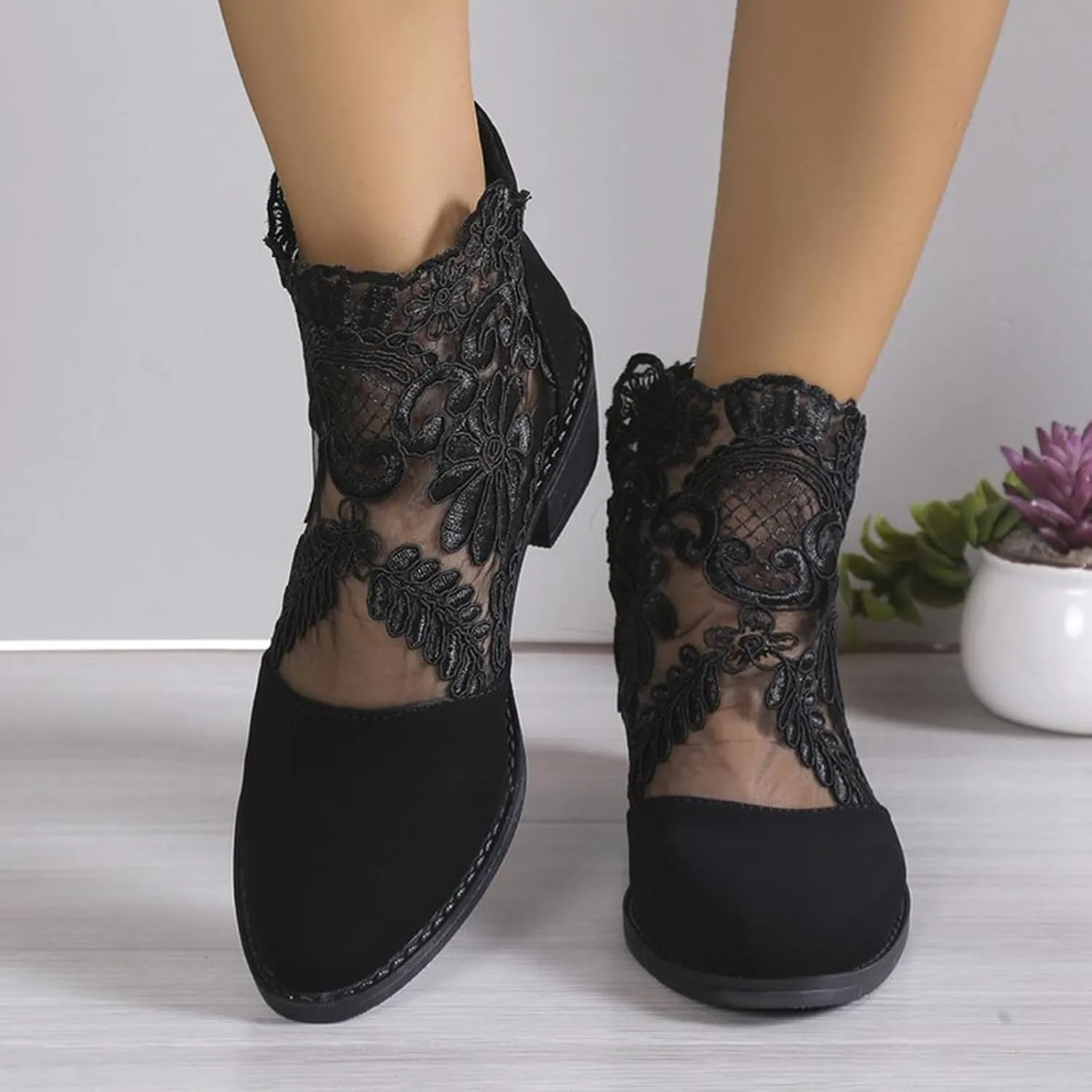 Floral Lace Block Heels Ankle Boots for Women Summer Sandal Booties Hollow Floral Mesh High Heel Sandals Zipper Sandals