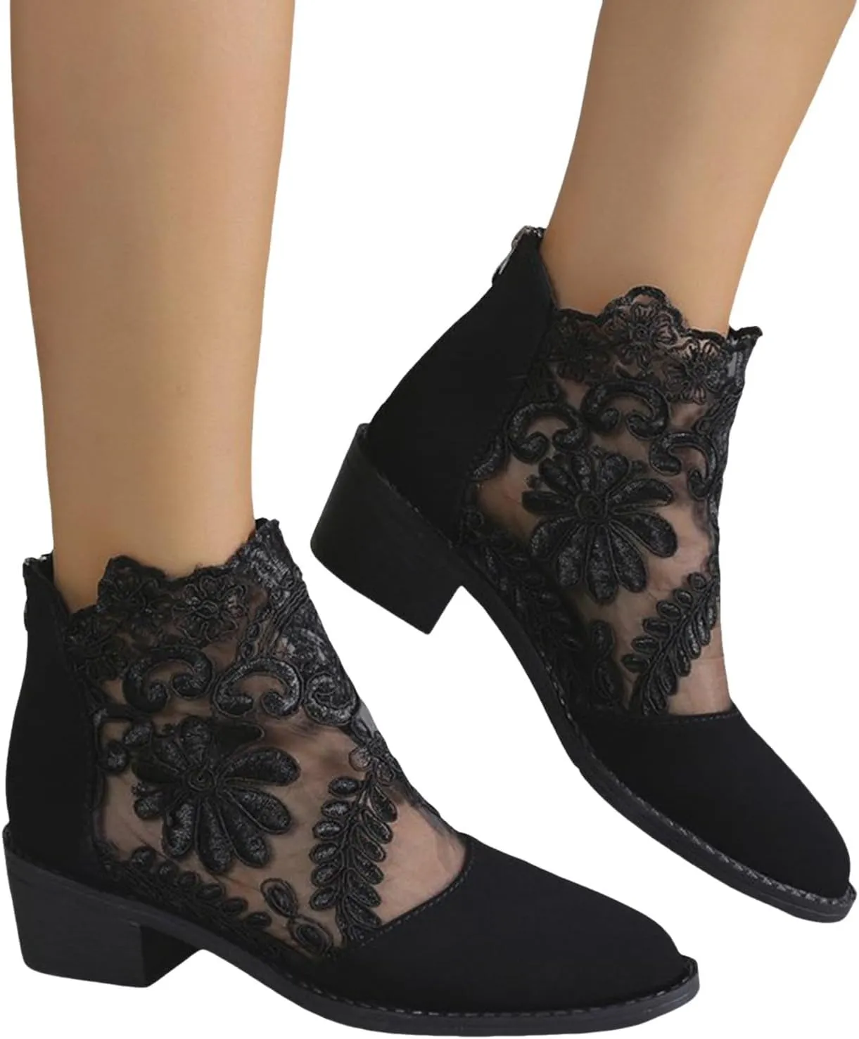 Floral Lace Block Heels Ankle Boots for Women Summer Sandal Booties Hollow Floral Mesh High Heel Sandals Zipper Sandals