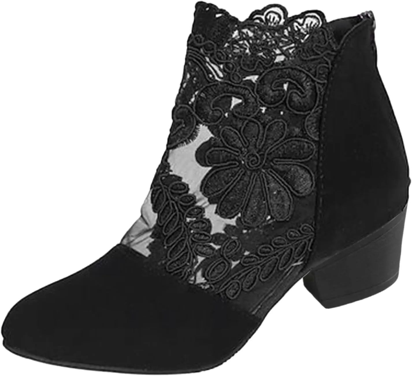 Floral Lace Block Heels Ankle Boots for Women Summer Sandal Booties Hollow Floral Mesh High Heel Sandals Zipper Sandals