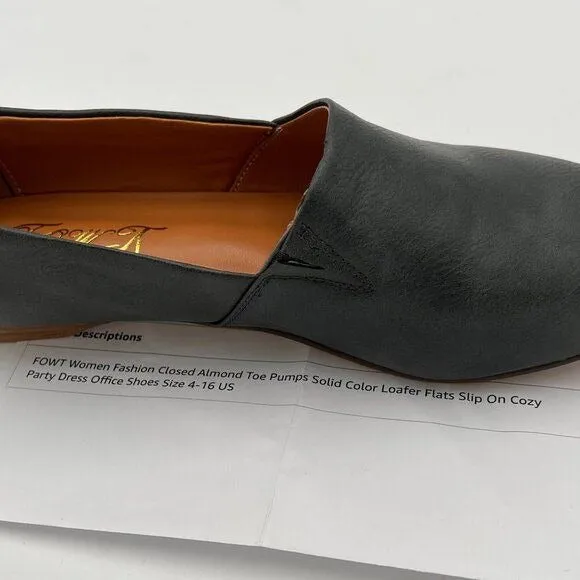 FOWT Black Closed Almond Toe Pumps Solid Color Loafer Flats Slip On Cozy Shoes