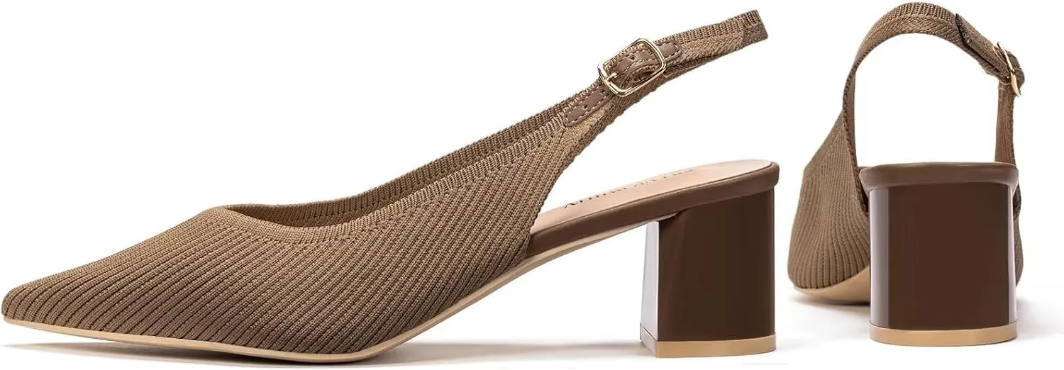 Frank Mully Women's Slingback Heels Pointed Toe Work Pumps Comfortable Chunky Pumps Knitted Closed Toe Stylish Dressy Shoes