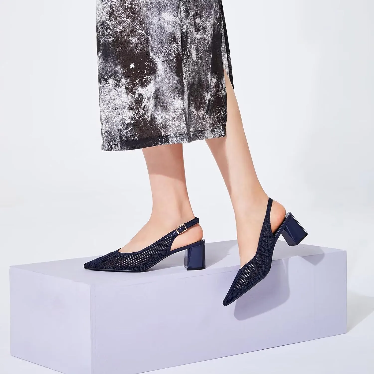 Frank Mully Women's Slingback Heels Pointed Toe Work Pumps Comfortable Chunky Pumps Knitted Closed Toe Stylish Dressy Shoes