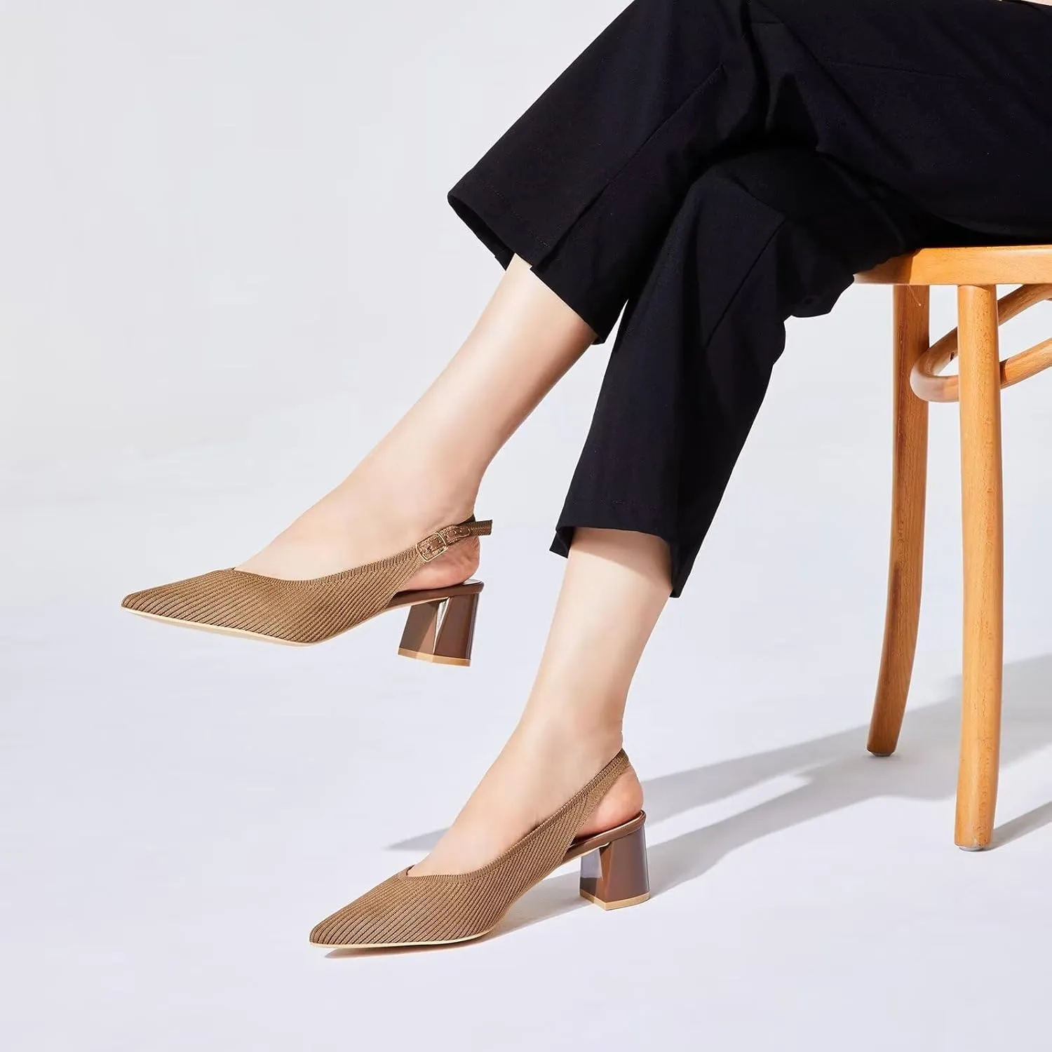 Frank Mully Women's Slingback Heels Pointed Toe Work Pumps Comfortable Chunky Pumps Knitted Closed Toe Stylish Dressy Shoes