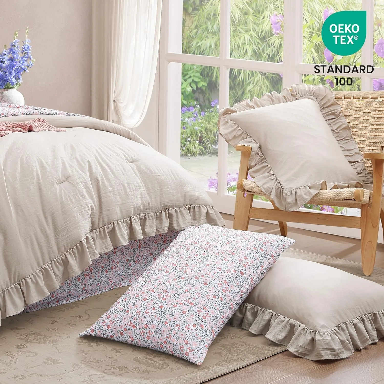 Full Comforter Set - 7 Pieces Ruffle Beige Bedding Sets, Shabby Chic Farmhouse Bed in a Bag Full with Ruffle Comforter, Floral Sheets, Pillowcases & Shams