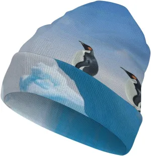 Full Printed Knitted Hat, Penguins On The Iceberg Print Comfortable & Stylish Knitted Cap Outdoor Activity Hat White