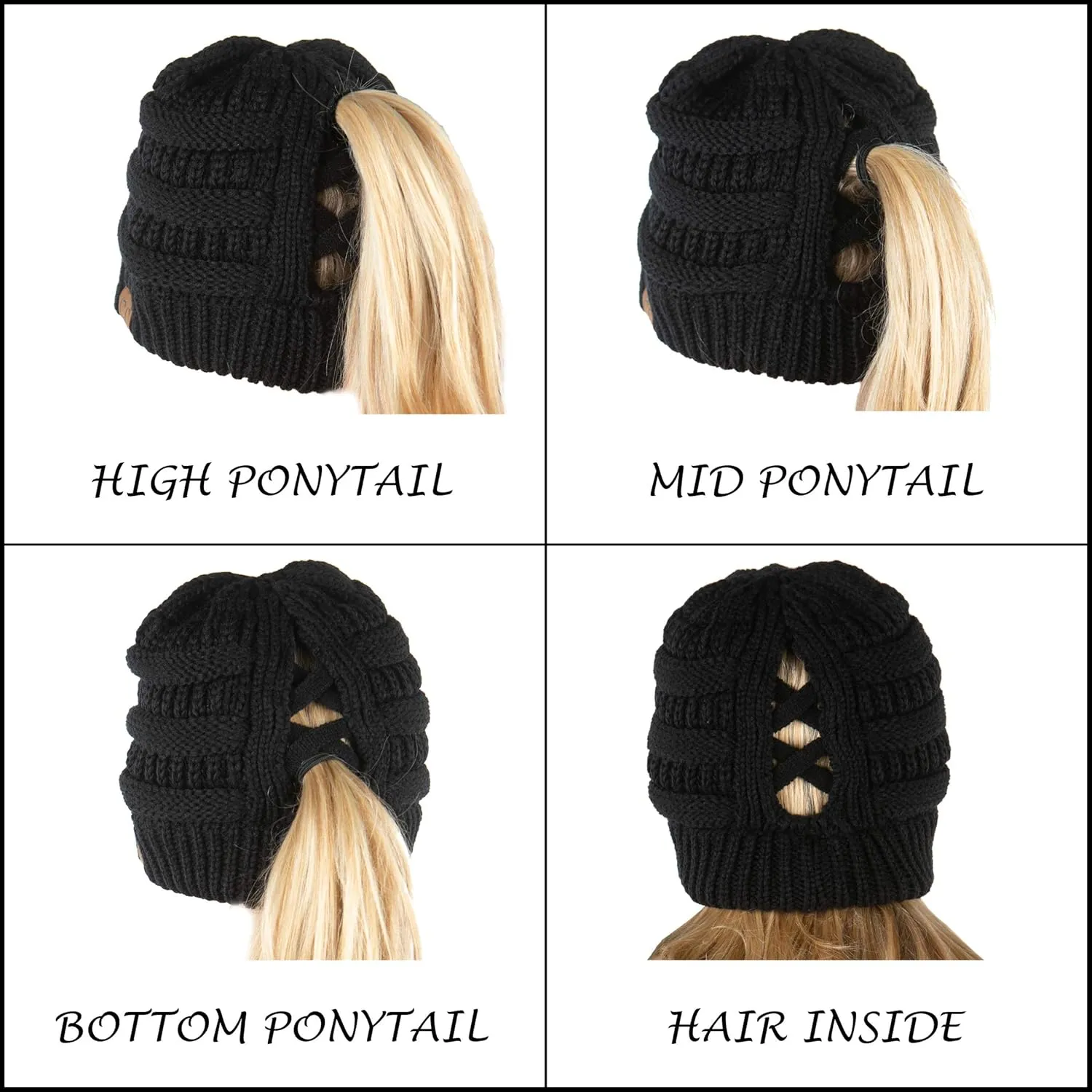 Funky Junque Beanie for Women Winter Hats Ponytail Hole Criss Cross Hat Messy Bun High Ponytail Knit Cap Runners Gifts