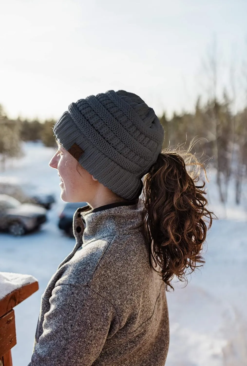 Funky Junque Beanie for Women Winter Hats Ponytail Hole Criss Cross Hat Messy Bun High Ponytail Knit Cap Runners Gifts