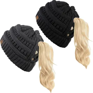 Funky Junque Beanie for Women Winter Hats Ponytail Hole Criss Cross Hat Messy Bun High Ponytail Knit Cap Runners Gifts