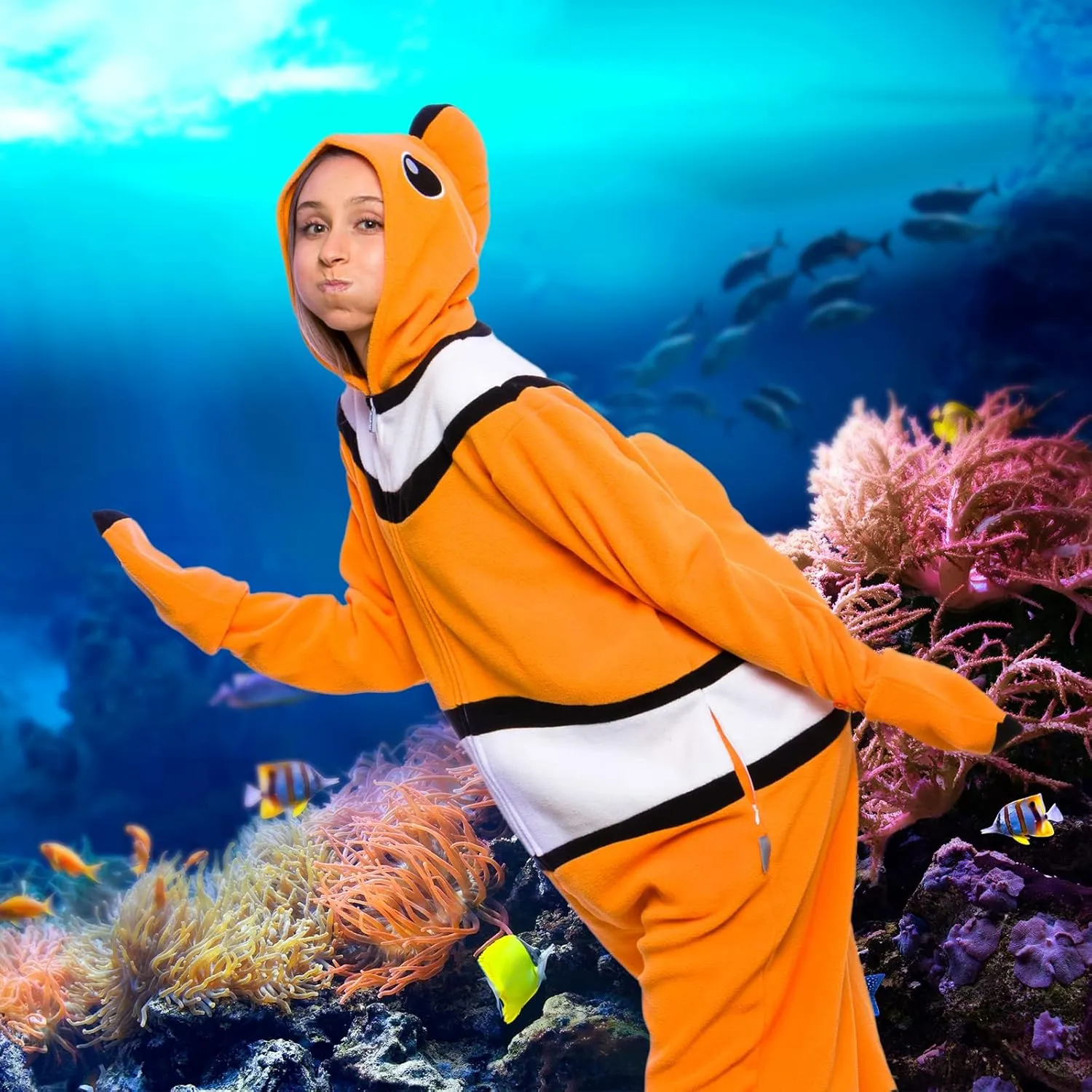 Funziez! Sea Creatures Onesie Lobster, Clown Fish, Hammerhead Shark, Octopus, Squid - Plush Adult Animal Costume Jumpsuit