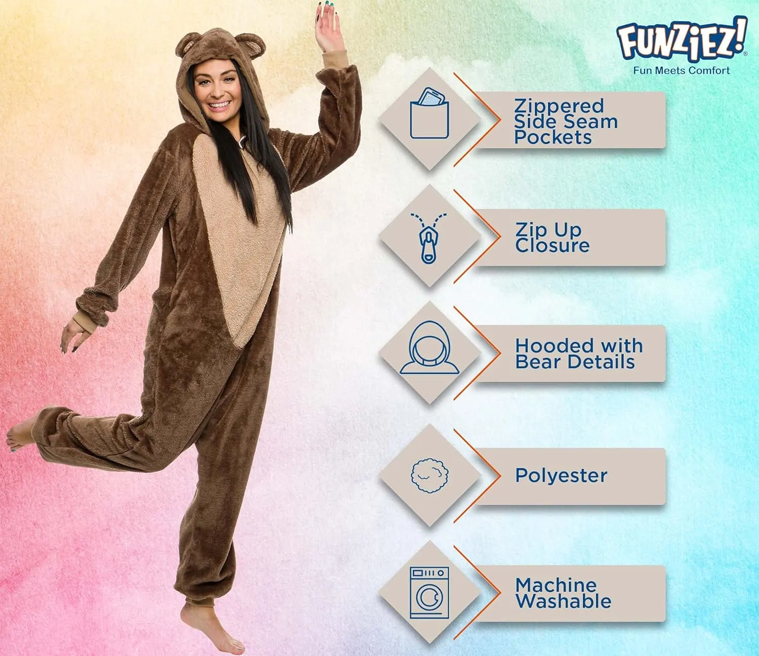 Funziez! Slim Fit Sherpa Adult Onesie - Animal Halloween Costume - Plush One Piece Cosplay Suit for Women and Men